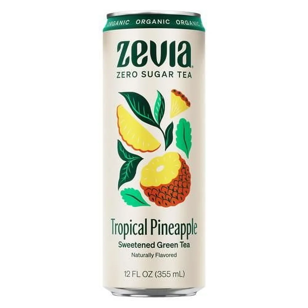 Zevia Organic Sugar Free Iced Tea, Green Tea Tropical Pineapple, 12 Ounce Can - Pack of 2