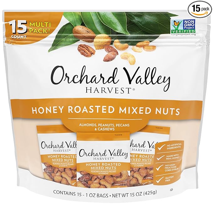 Orchard Valley Harvest Honey Roasted Mixed Nuts, 1 Ounce Bags (Pack of 15), Almonds, Peanuts, Pecans, and Cashews, Gluten Free, 
