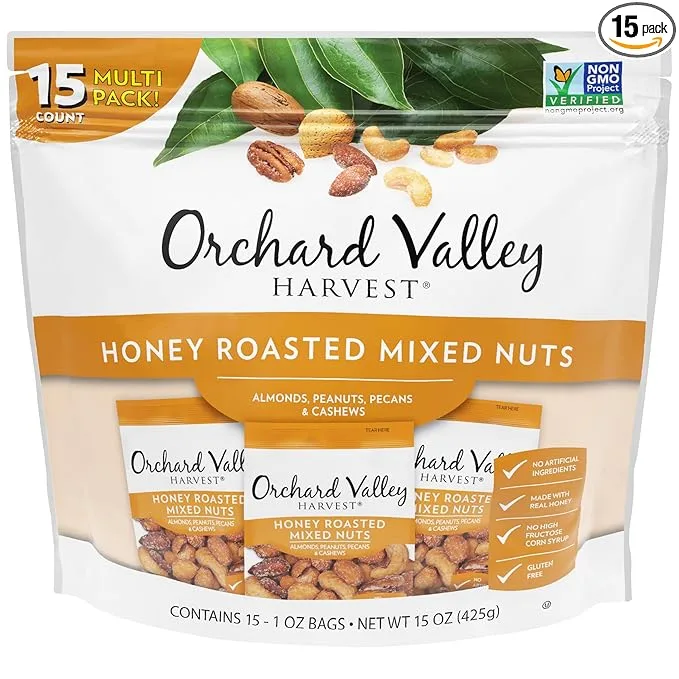 Orchard Valley Harvest Honey Roasted Mixed Nuts, 1 Ounce Bags (Pack of 15), Almonds, Peanuts, Pecans, and Cashews, Gluten Free, 