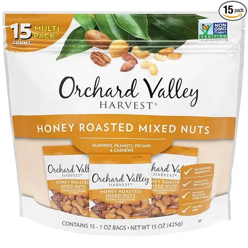 Orchard Valley Harvest Honey Roasted Mixed Nuts, 1 Ounce Bags (Pack of 15), Almonds, Peanuts, Pecans, and Cashews, Gluten Free, 