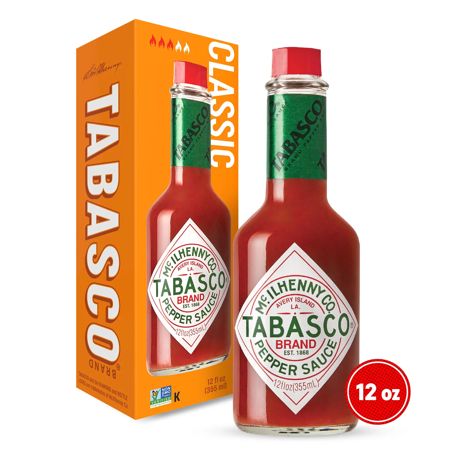 Tabasco Original Red Pepper Sauce, 12 oz, Regular Glass Hot Sauce Bottle, Gluten Free