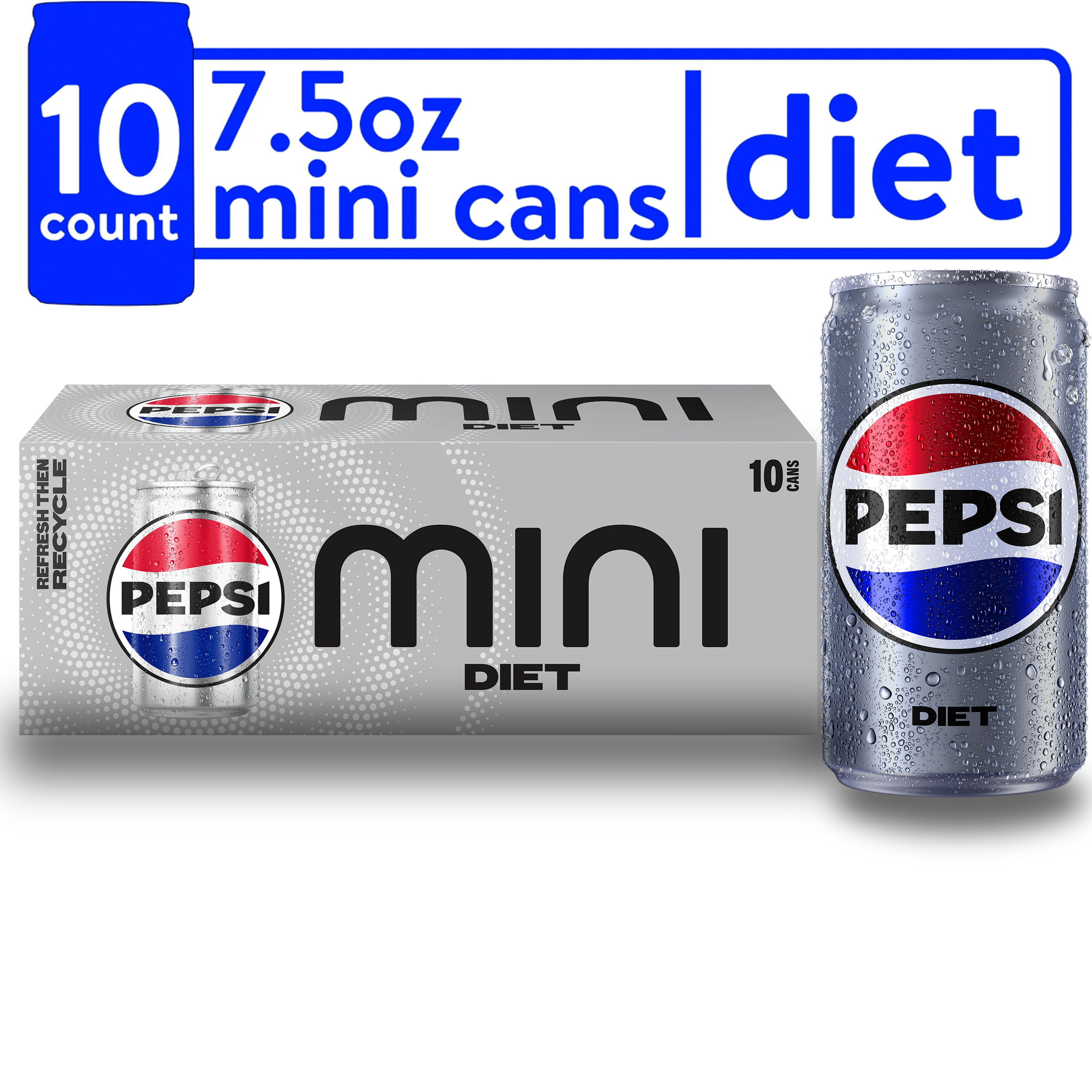 Diet Pepsi Cola Soda Pop, 7.5 fl oz, 10 Pack Cans