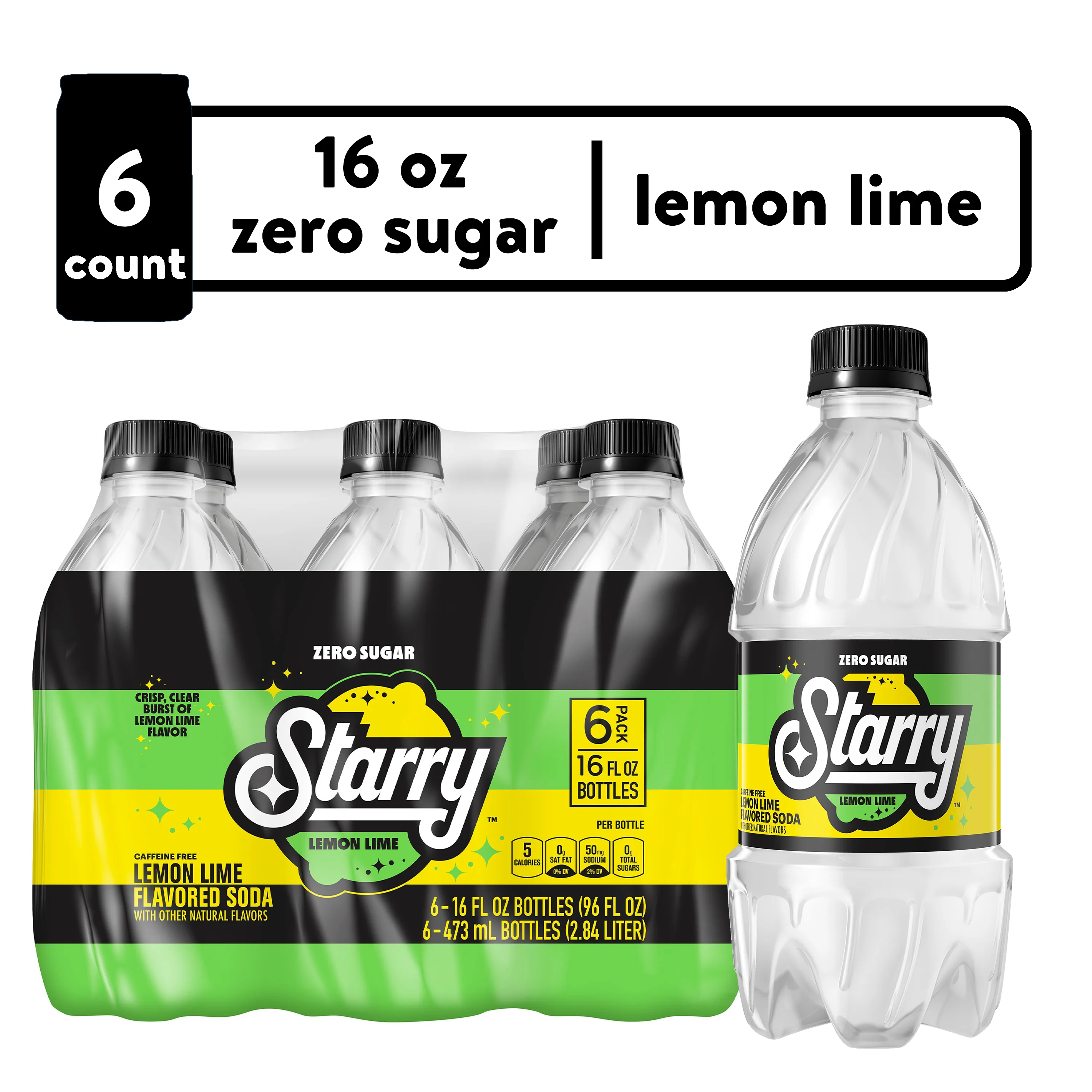 Starry Zero Sugar Lemon Lime Soda Pop, 16 fl oz, 6 Pack Cans