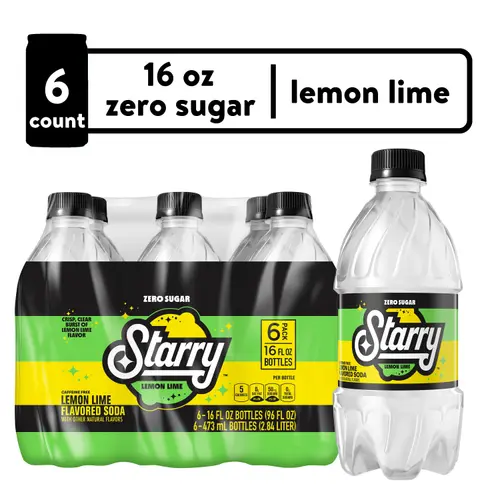 Starry Zero Sugar Lemon Lime Soda Pop, 16 fl oz, 6 Pack Cans