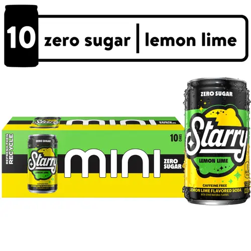 Starry Zero Sugar Lemon Lime Soda Pop, 7.5 fl oz, 10 Pack Mini Cans
