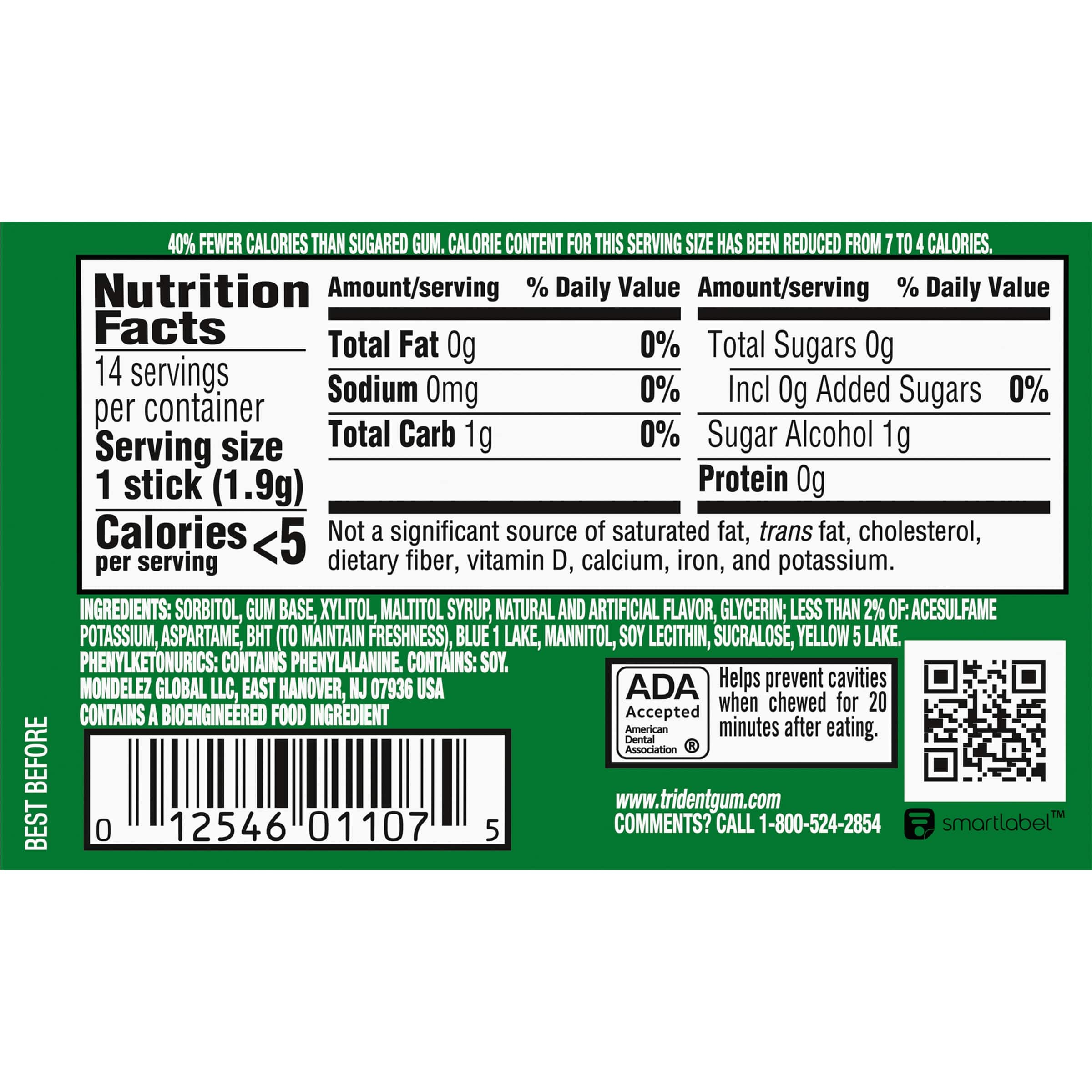 Trident Sugar Free Gum, Spearmint, Regular Size, 14 Pieces thumbnail 2