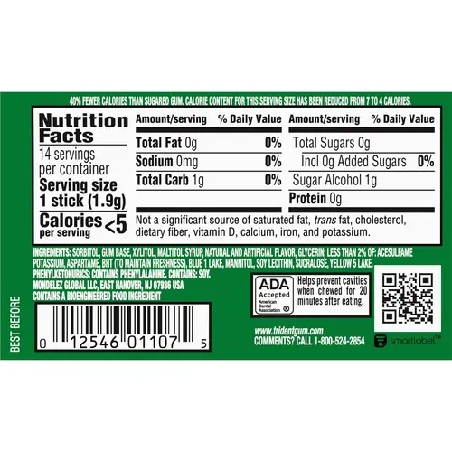 Trident Sugar Free Gum, Spearmint, Regular Size, 14 Pieces thumbnail 2