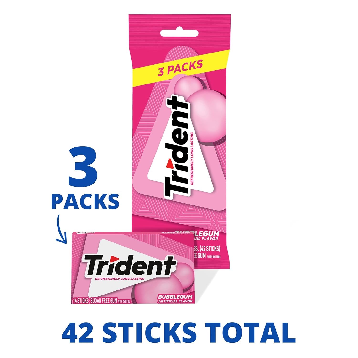 Trident Sugar Free Gum, Bubblegum, 3 Packs of 14 Pieces (42 Total Pieces) thumbnail 4