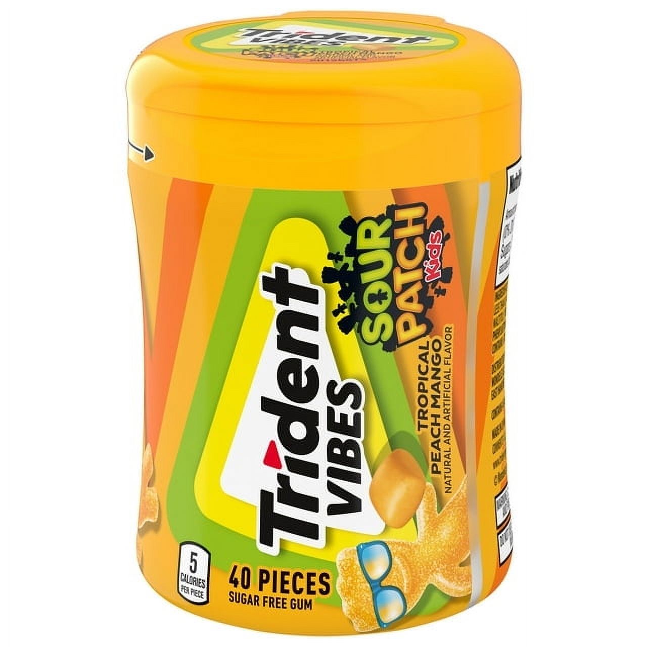 Trident Vibes Sour Patch Kids Sugar Free Gum, Peach Mango, Nut Free, 40 Regular Size Piece Bottle