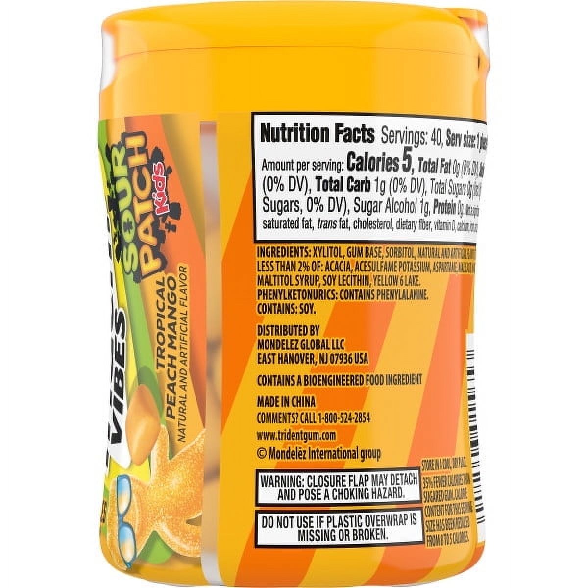 Trident Vibes Sour Patch Kids Sugar Free Gum, Peach Mango, Nut Free, 40 Regular Size Piece Bottle thumbnail 2