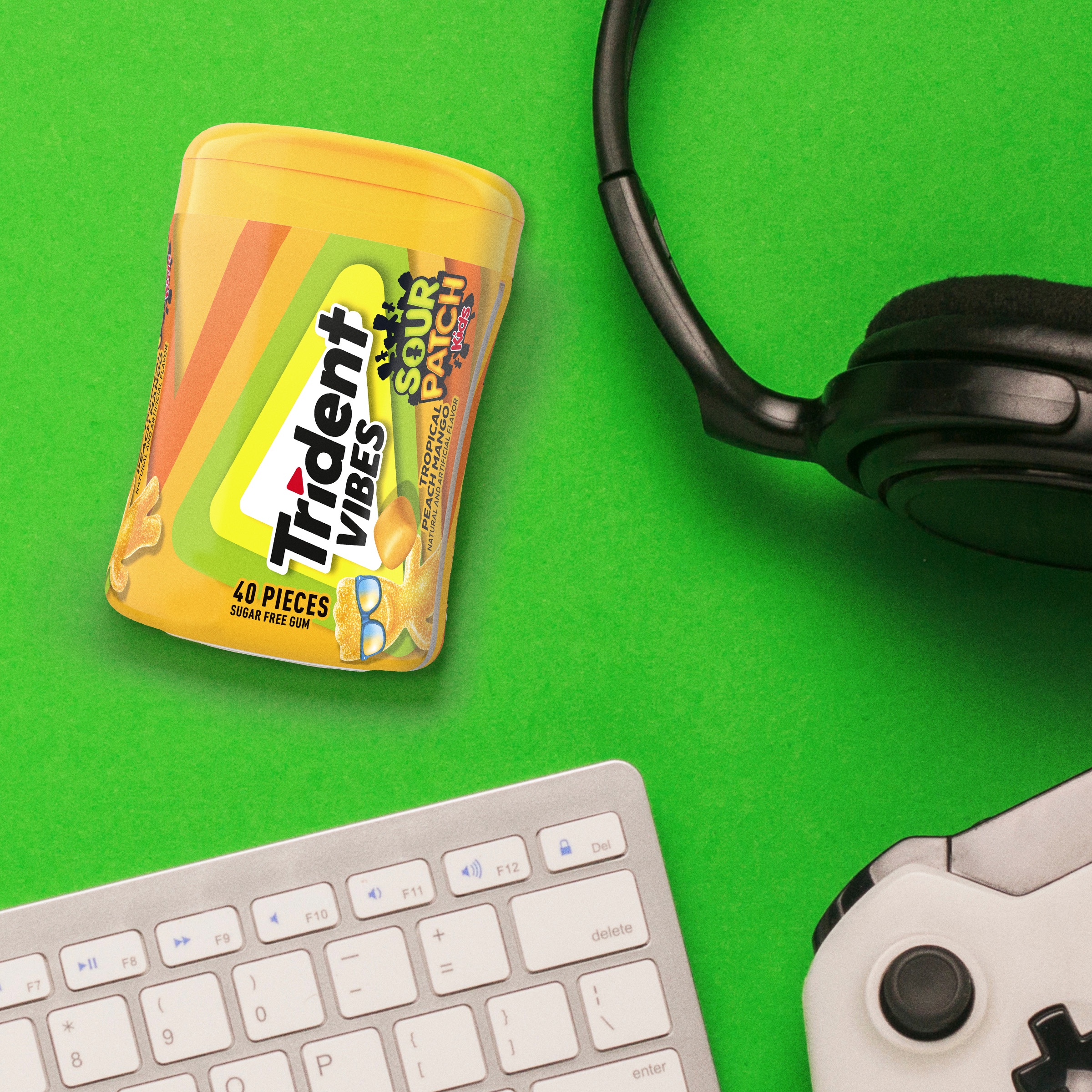 Trident Vibes Sour Patch Kids Sugar Free Gum, Peach Mango, Nut Free, 40 Regular Size Piece Bottle thumbnail 3