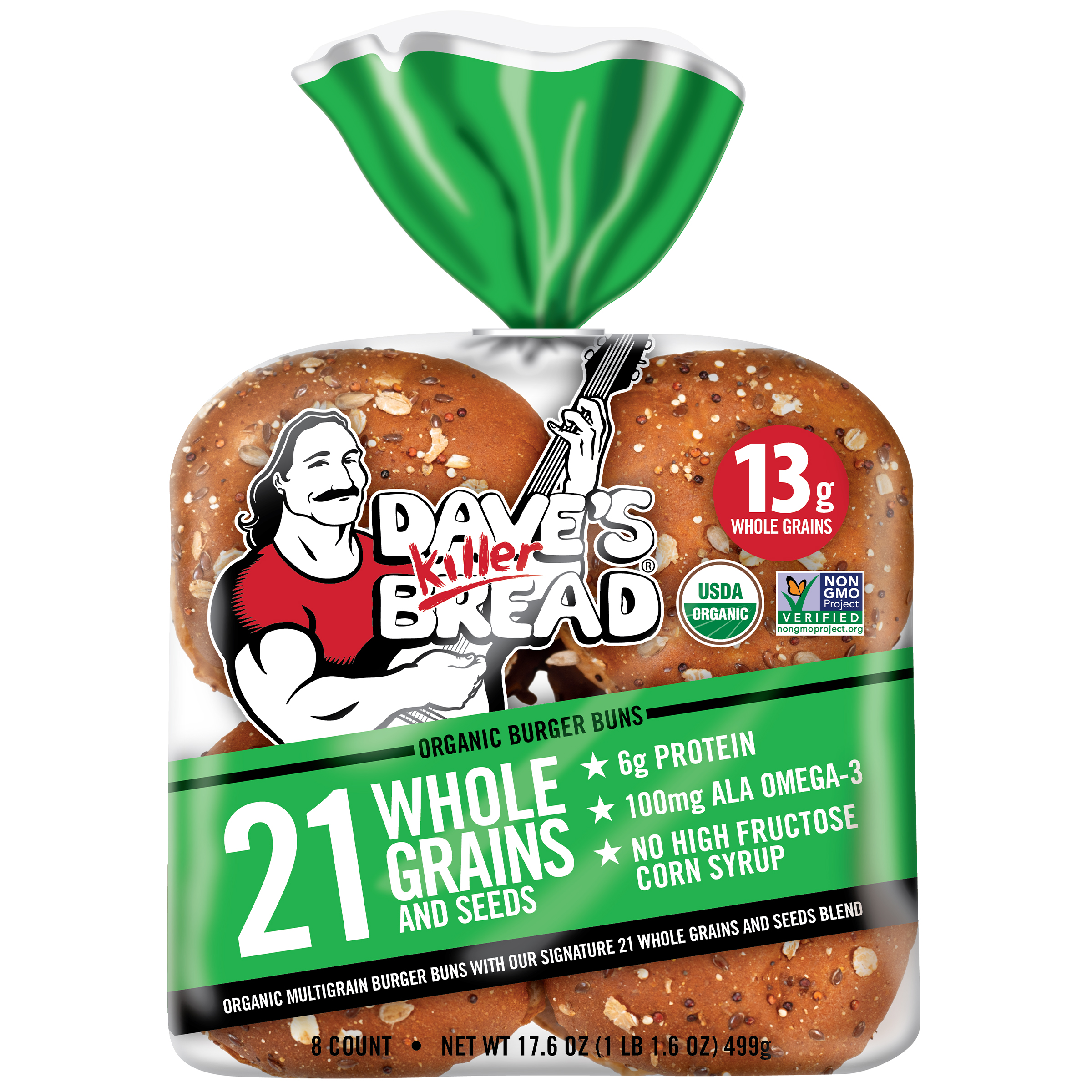 Dave's Killer Bread 21 Whole Grains and Seeds Organic Hamburger Buns,  8 Count, Shelf-Stable