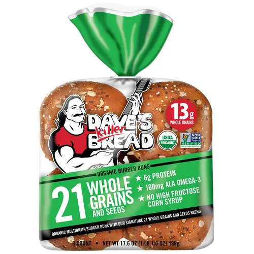 Dave's Killer Bread 21 Whole Grains and Seeds Organic Hamburger Buns,  8 Count, Shelf-Stable