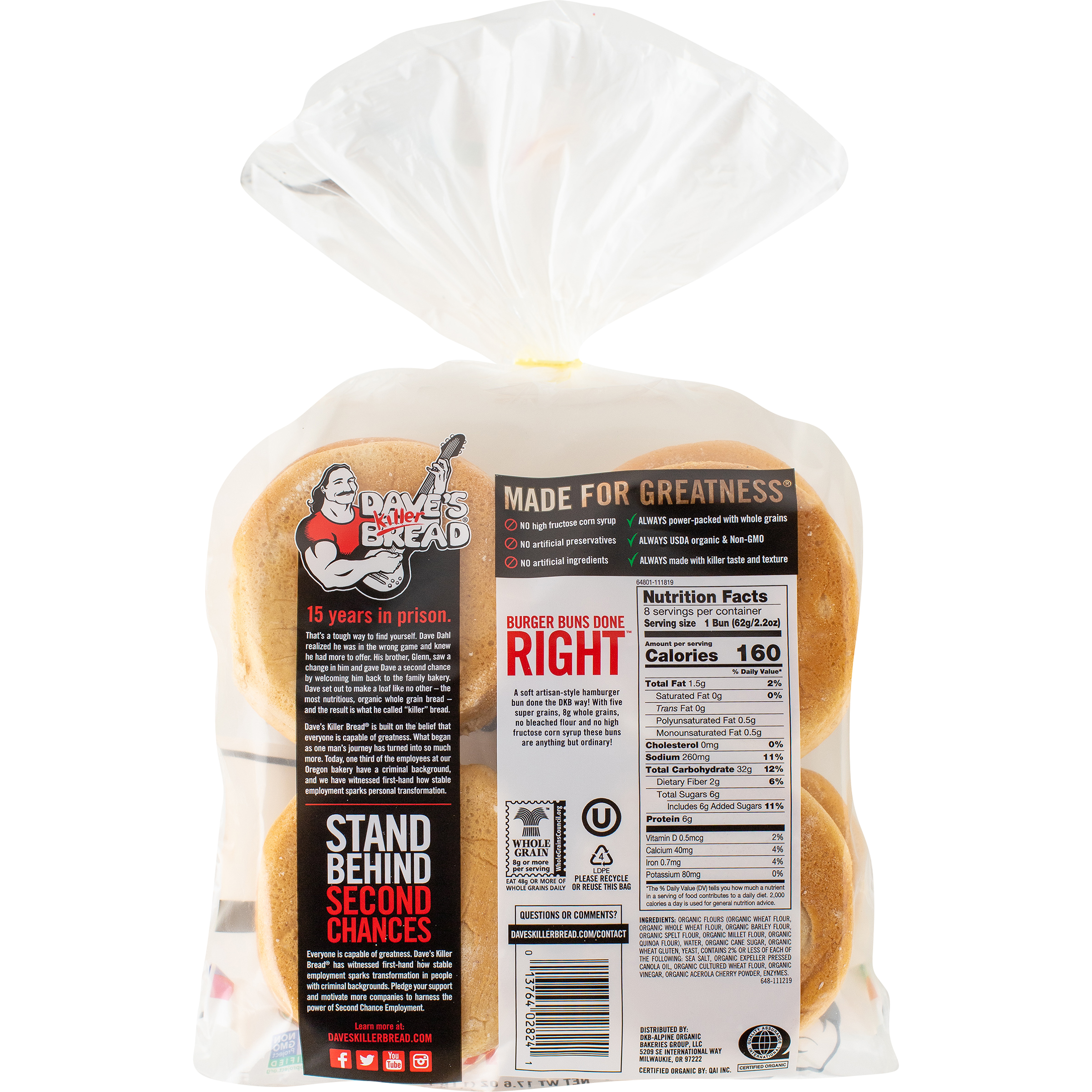 Dave's Killer Bread Burger Buns Done Right, Organic Hamburger Buns, 8 Ct,  17.6 oz, Shelf-Stable thumbnail 2