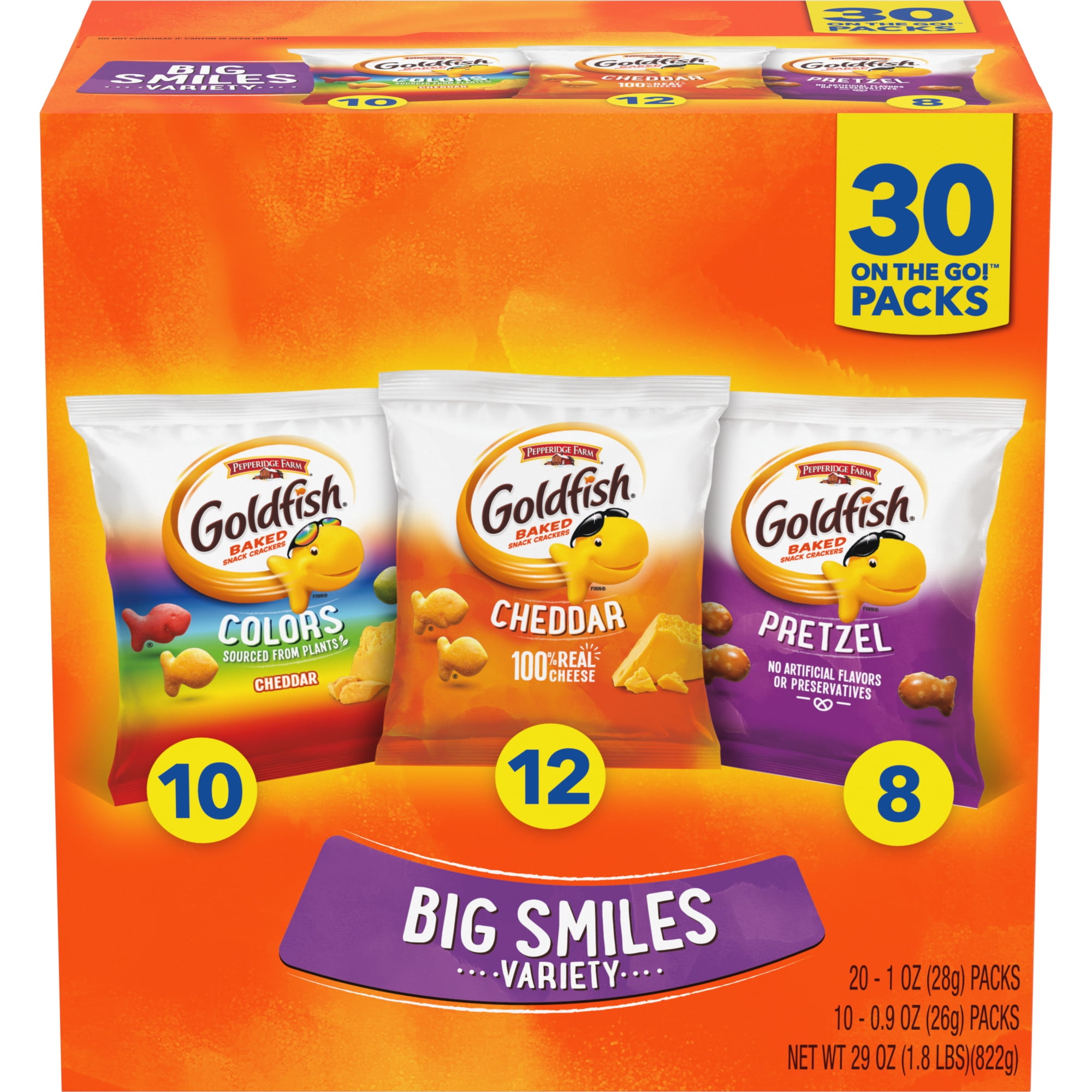 Goldfish Crackers Big Smiles with Cheddar, Colors, and Pretzel Crackers, Snack Pack, 30 CT Variety Pack Box