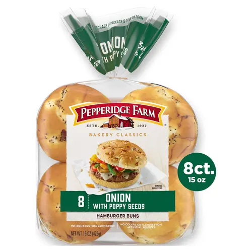 Pepperidge Farm Onion with Poppy Seeds Hamburger Buns, 8-Pack Bag