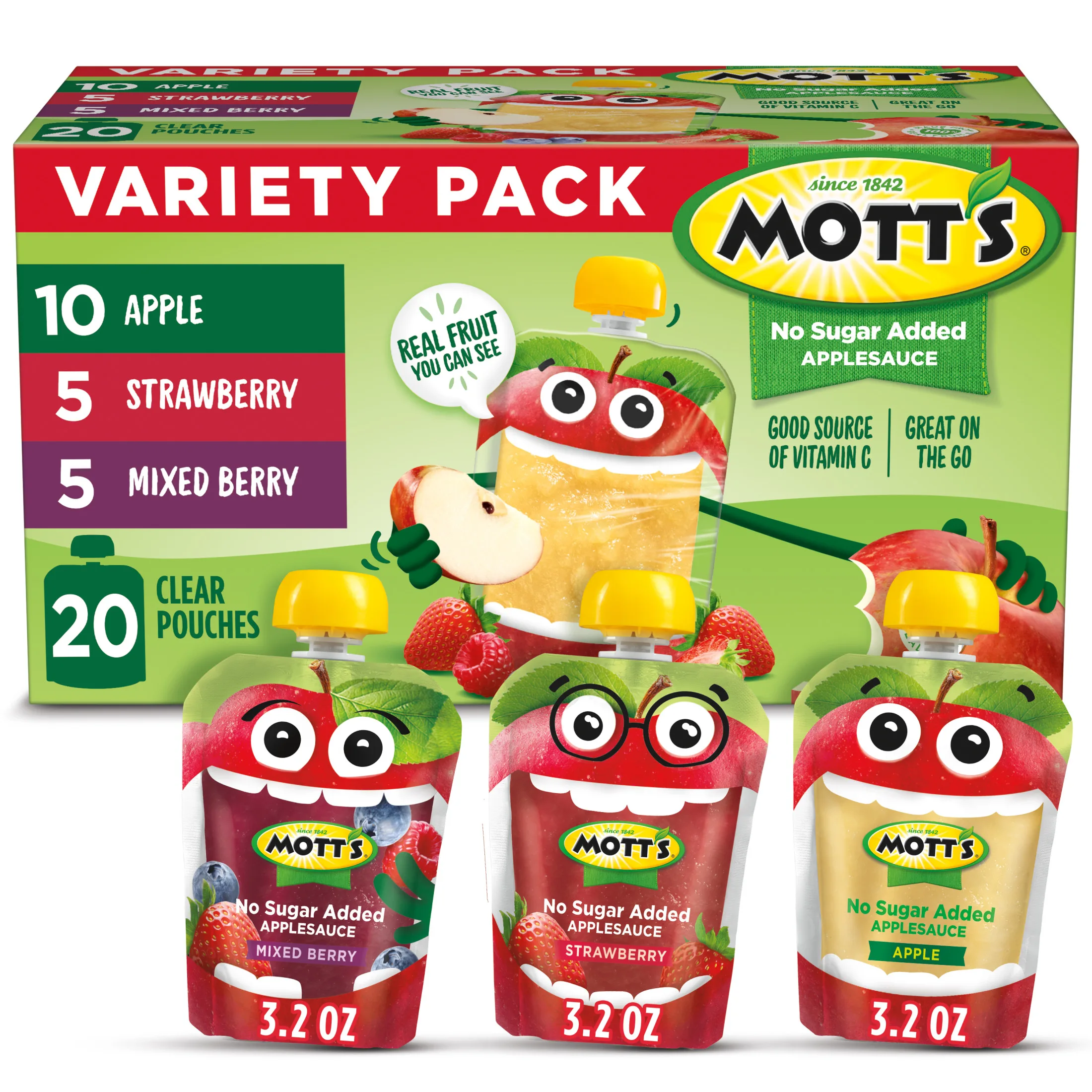 Mott's No Sugar Added Applesauce Variety Pack, 3.2 oz, 20 Count Clear Pouches