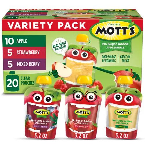 Mott's No Sugar Added Applesauce Variety Pack, 3.2 oz, 20 Count Clear Pouches thumbnail 2