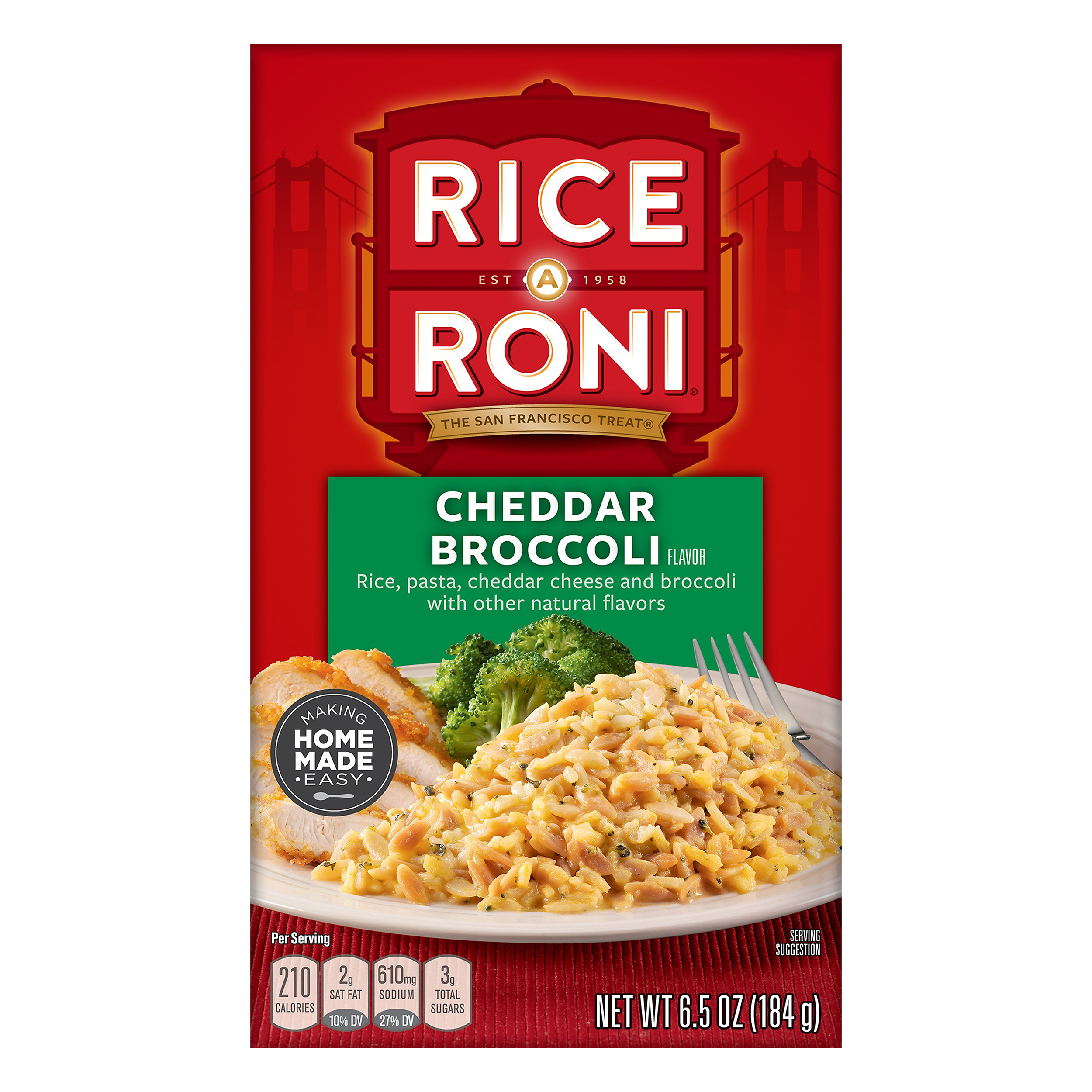 Rice-A-Roni Cheddar Broccoli Flavor Rice, 6.5 oz Cardboard Box, Packaged Meal, Dry Uncooked Rice