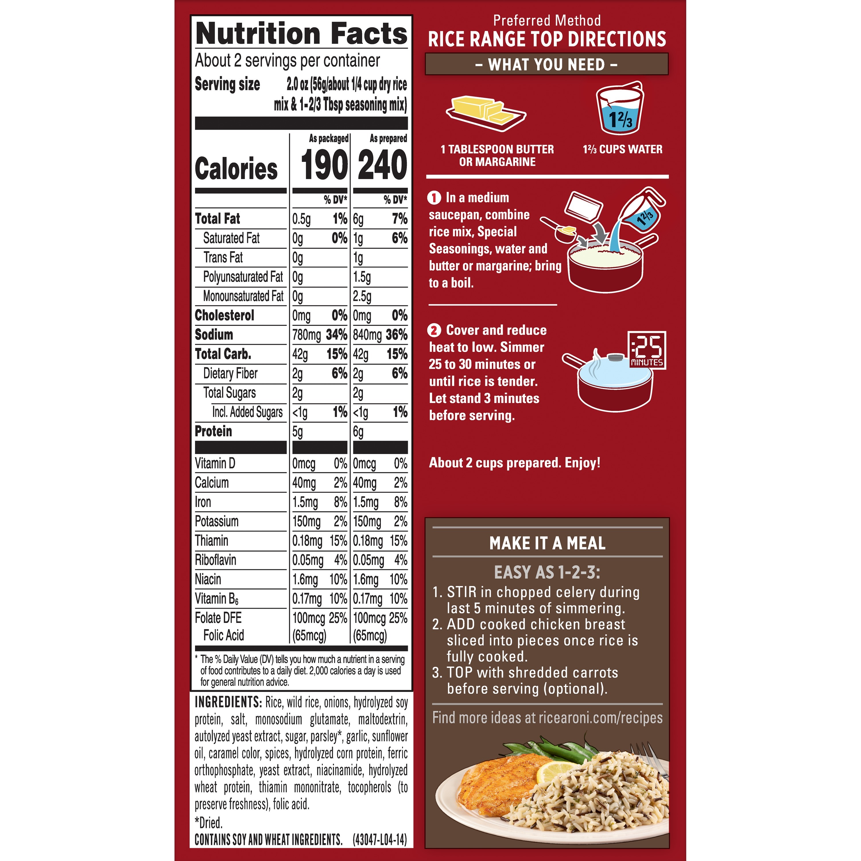 Rice-A-Roni Long Grain & Wild Rice Mix Packaged Meal, 4.3 oz Shelf-Stable Box thumbnail 3