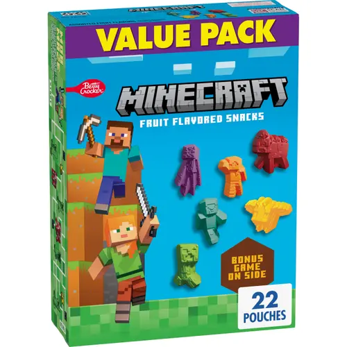 Betty Crocker Minecraft Fruit Flavored Kids Snacks, Fat Free and Gluten Free Snack, Value Pack, 17.6 oz (22 Pouches)