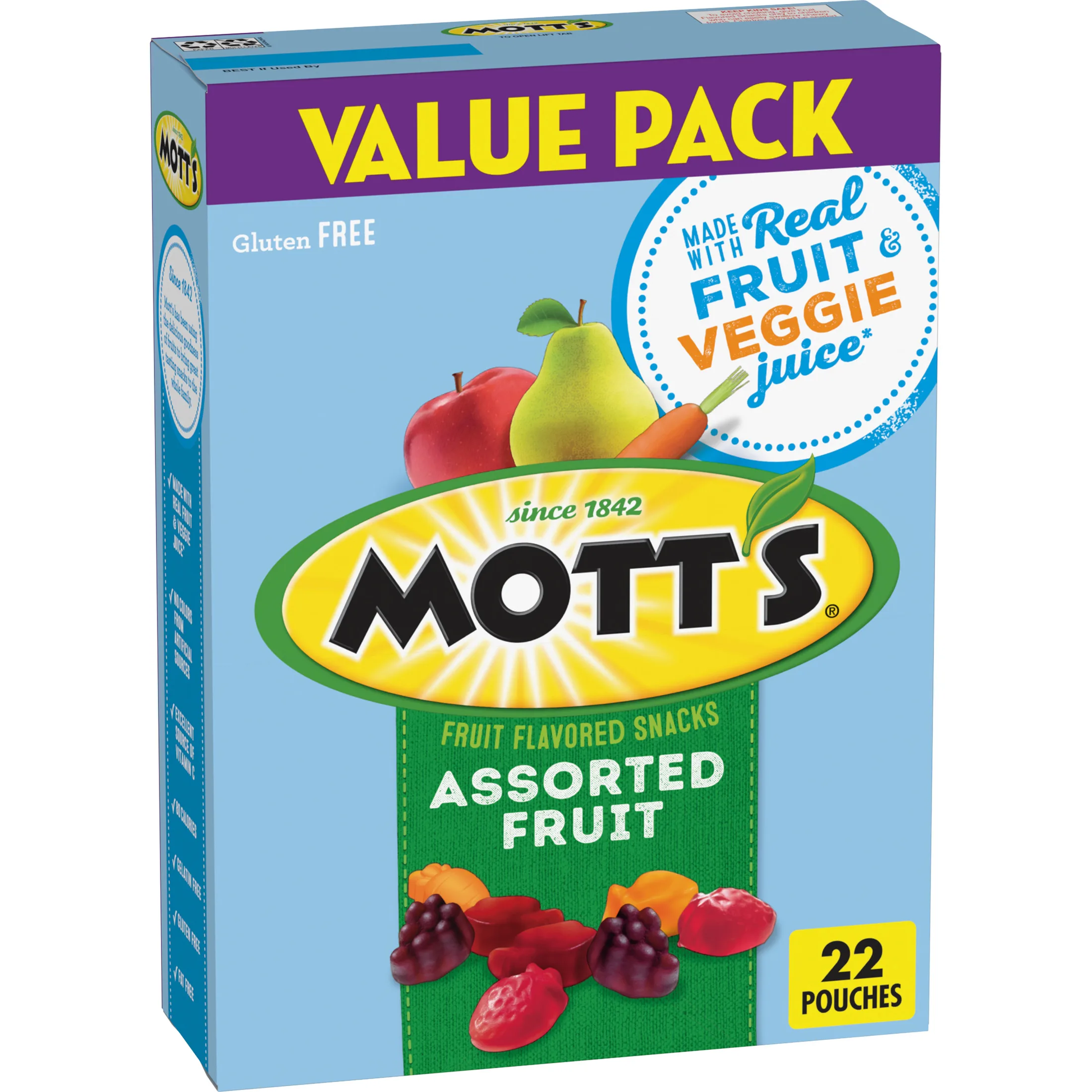 Mott's Fruit Flavored Snacks, Assorted Fruit, Gluten Free, Value Pack, 22 Pouches, 17.6 oz