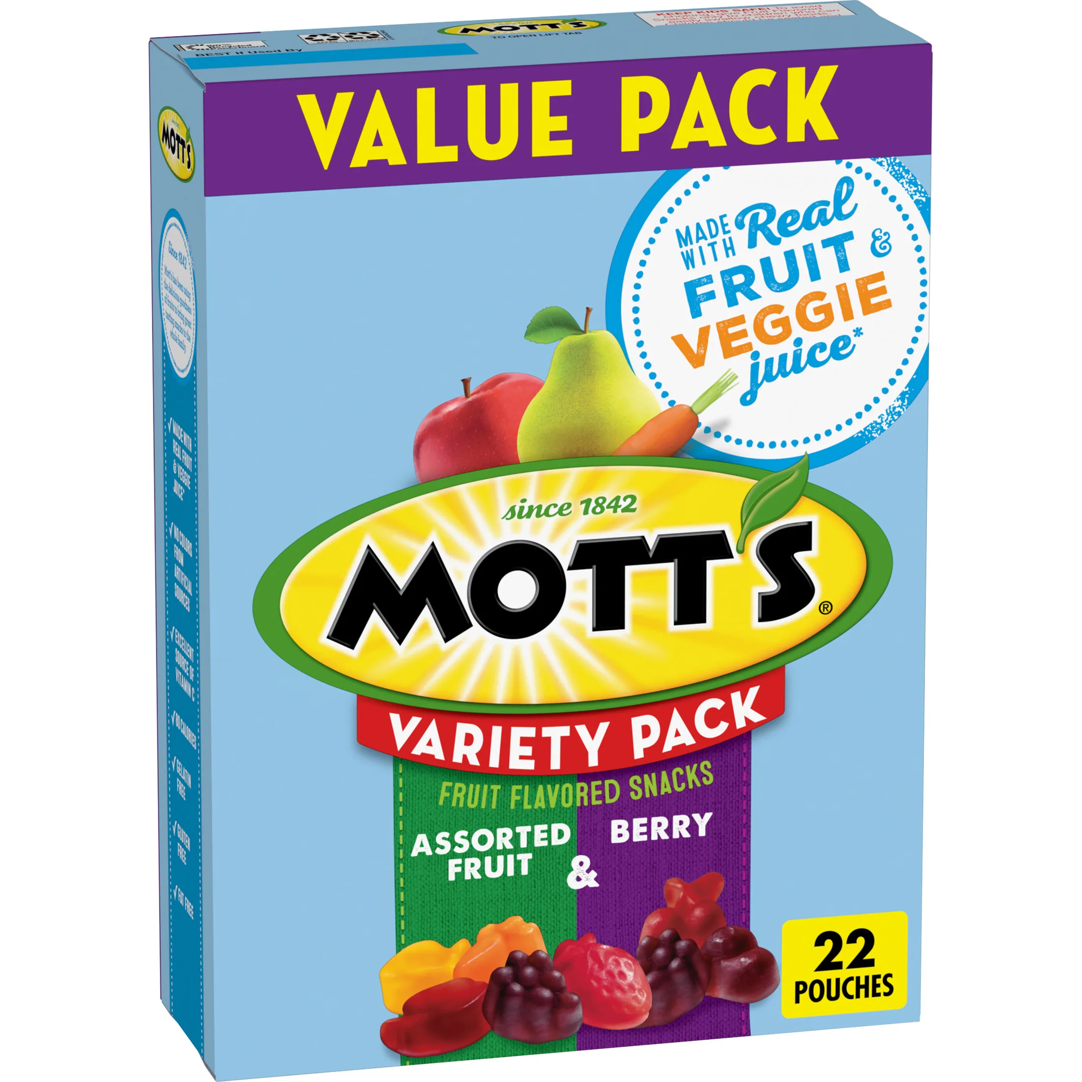 Mott's Berry and Assorted Fruit Flavored Snacks, Gluten Free, Value Pack, 22 Ct, 17.6 oz