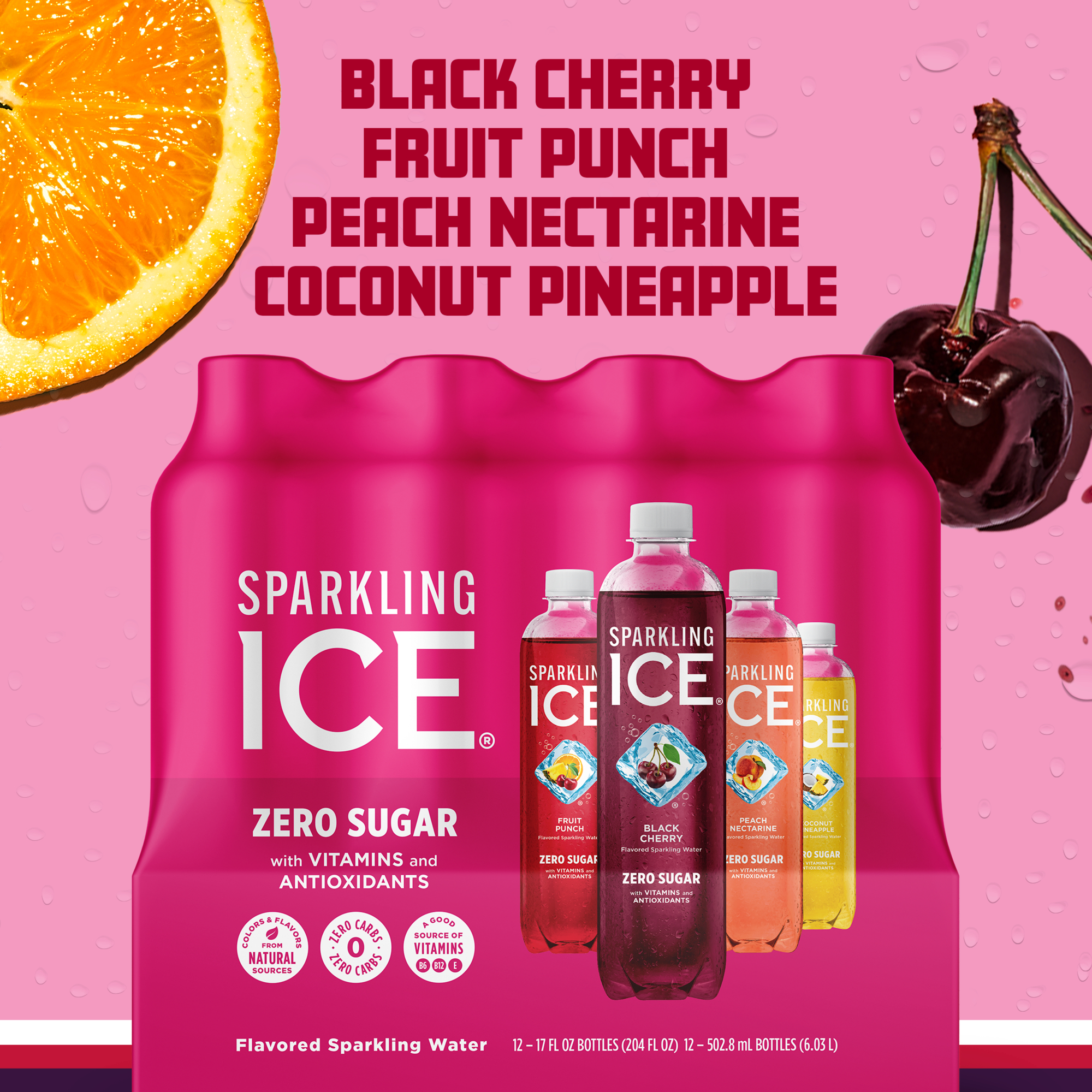 Sparkling Ice Pink Variety Pack, Flavored Sparkling Water, 17 fl oz, 12 count thumbnail 4
