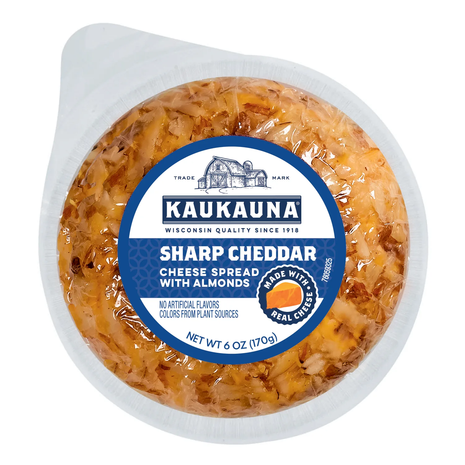 Kaukauna Sharp Cheddar Clean Label Spreadable Cheese Ball, 6oz, Plastic Vacuum Wrapped. Refrigerated