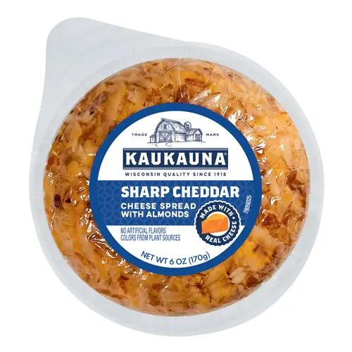Kaukauna Sharp Cheddar Clean Label Spreadable Cheese Ball, 6oz, Plastic Vacuum Wrapped. Refrigerated