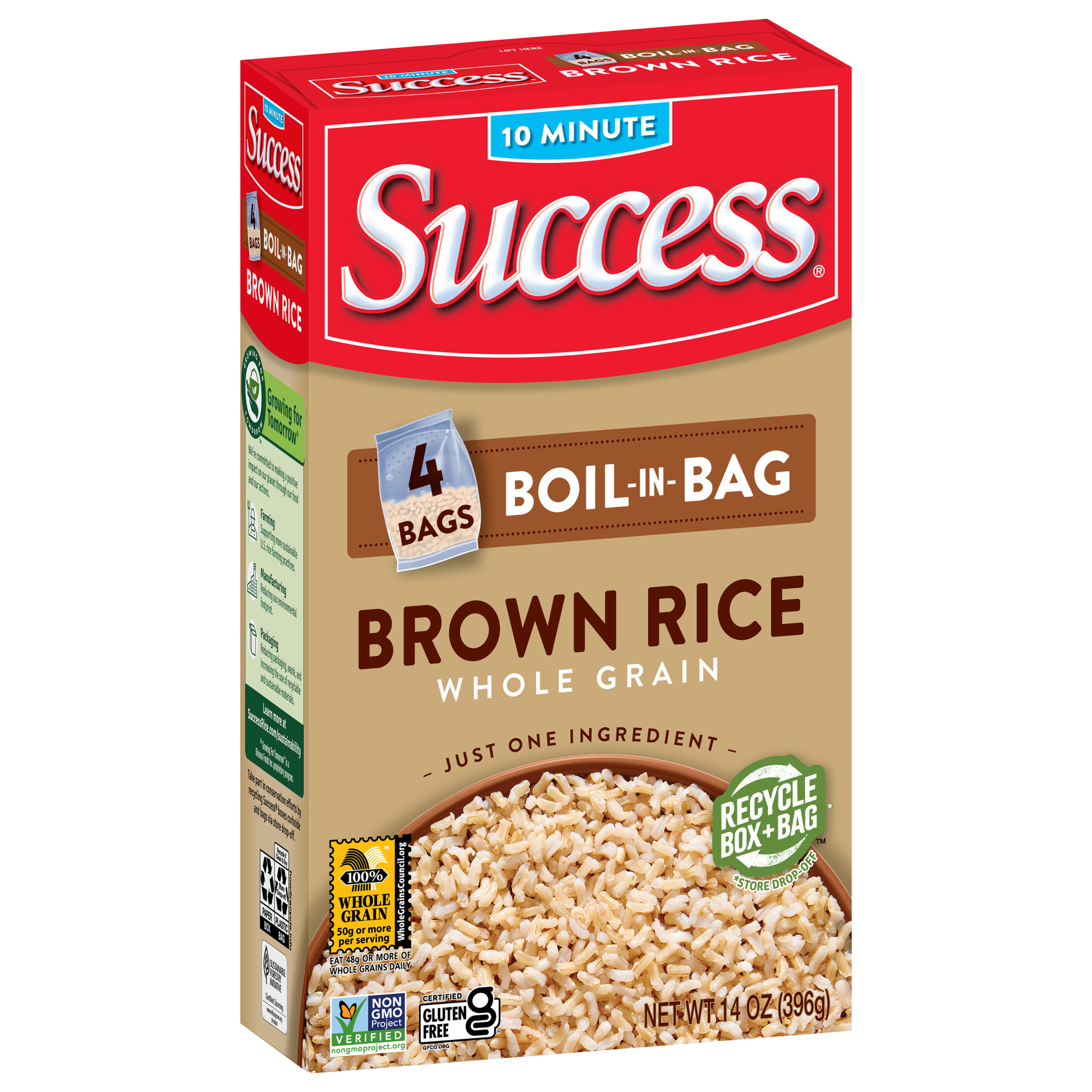Success Boil-in-Bag Rice, Precooked Brown Rice, Gluten Free, Non-GMO, 4 Bags per Box