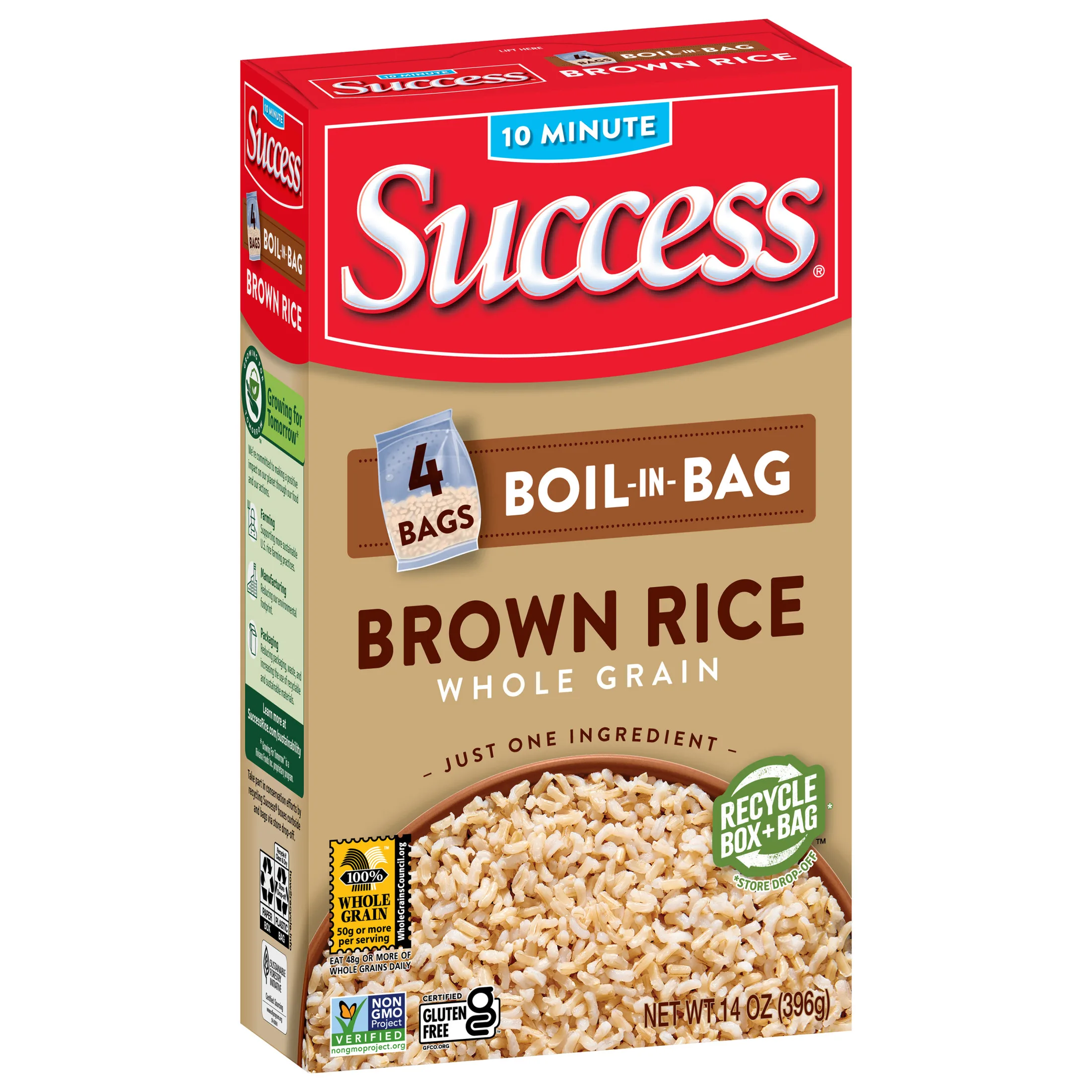 Success Boil-in-Bag Rice, Precooked Brown Rice, Gluten Free, Non-GMO, 4 Bags per Box