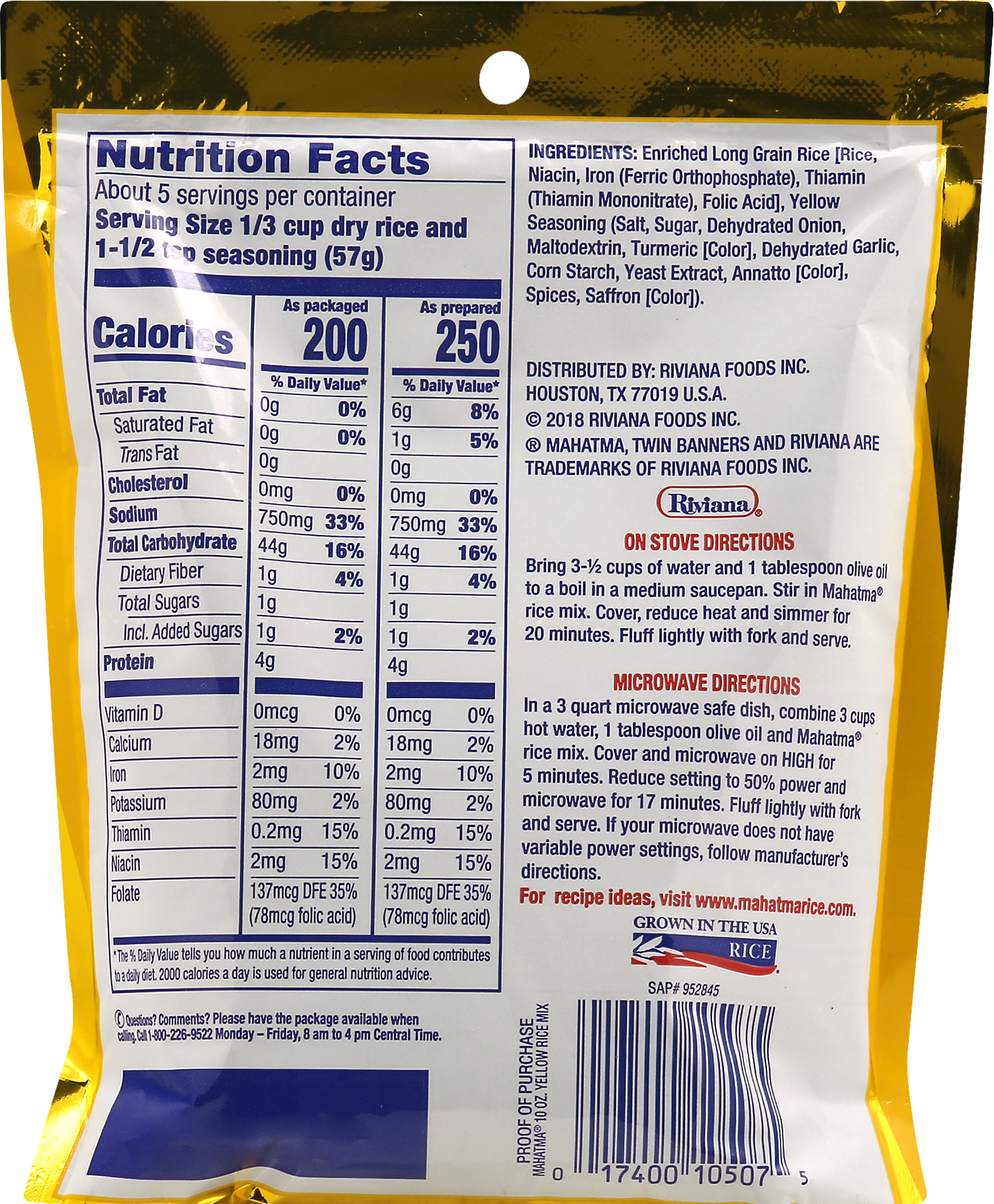 Mahatma Saffron Yellow Seasonings & Long Grain Rice, Gluten Free, 10 oz. Bag thumbnail 3