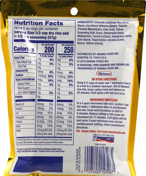 Mahatma Saffron Yellow Seasonings & Long Grain Rice, Gluten Free, 10 oz. Bag thumbnail 3