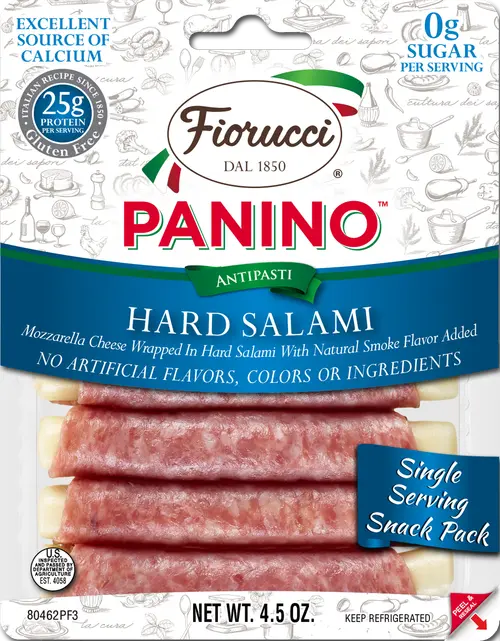 Fiorucci Hard Salami and Mozzarella Cheese Paninos, 4.5 Ounce, 6 Count Resealable Plastic Tray