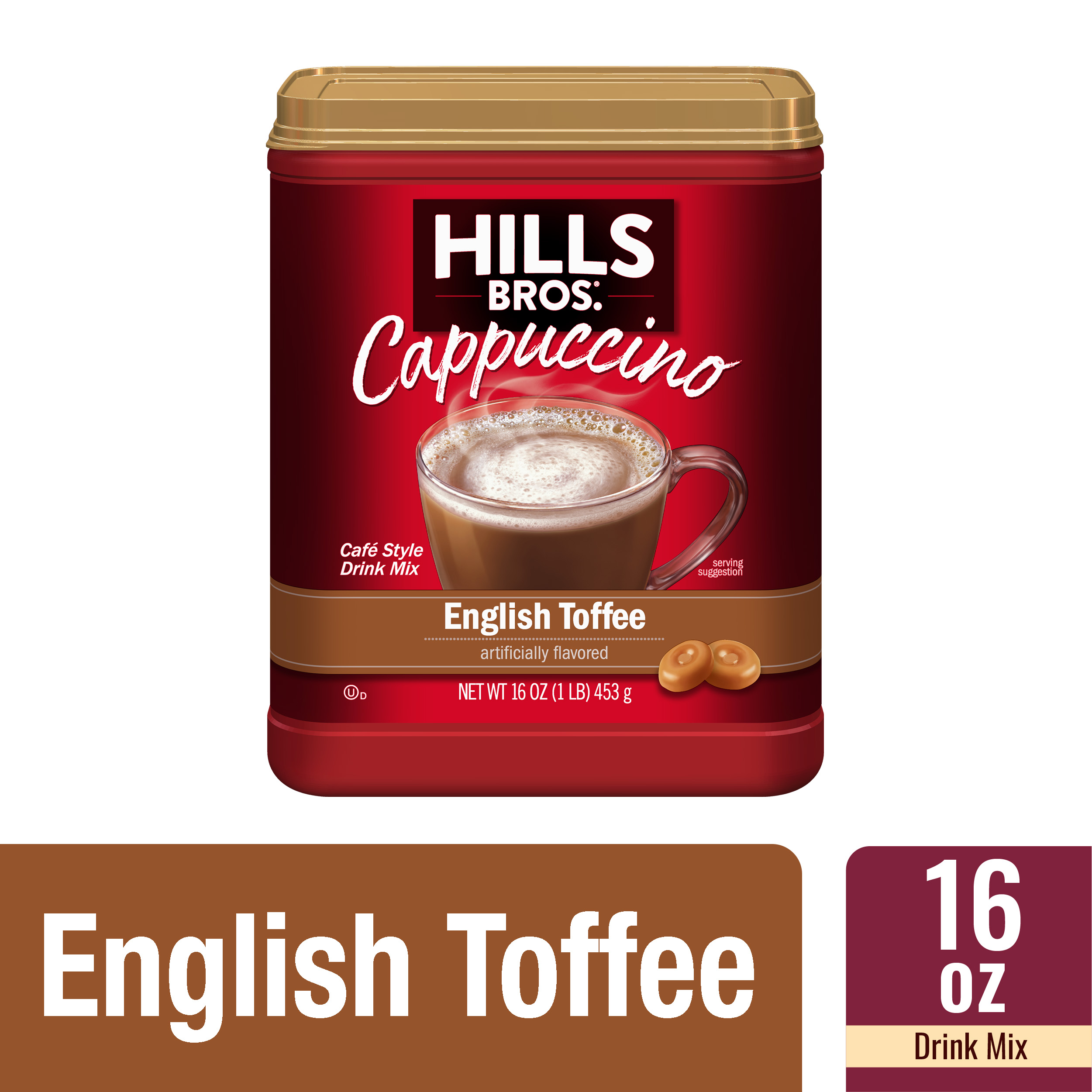 Hills Bros. English Toffee Cappuccino Instant Coffee Mix, 16 Ounce Canister