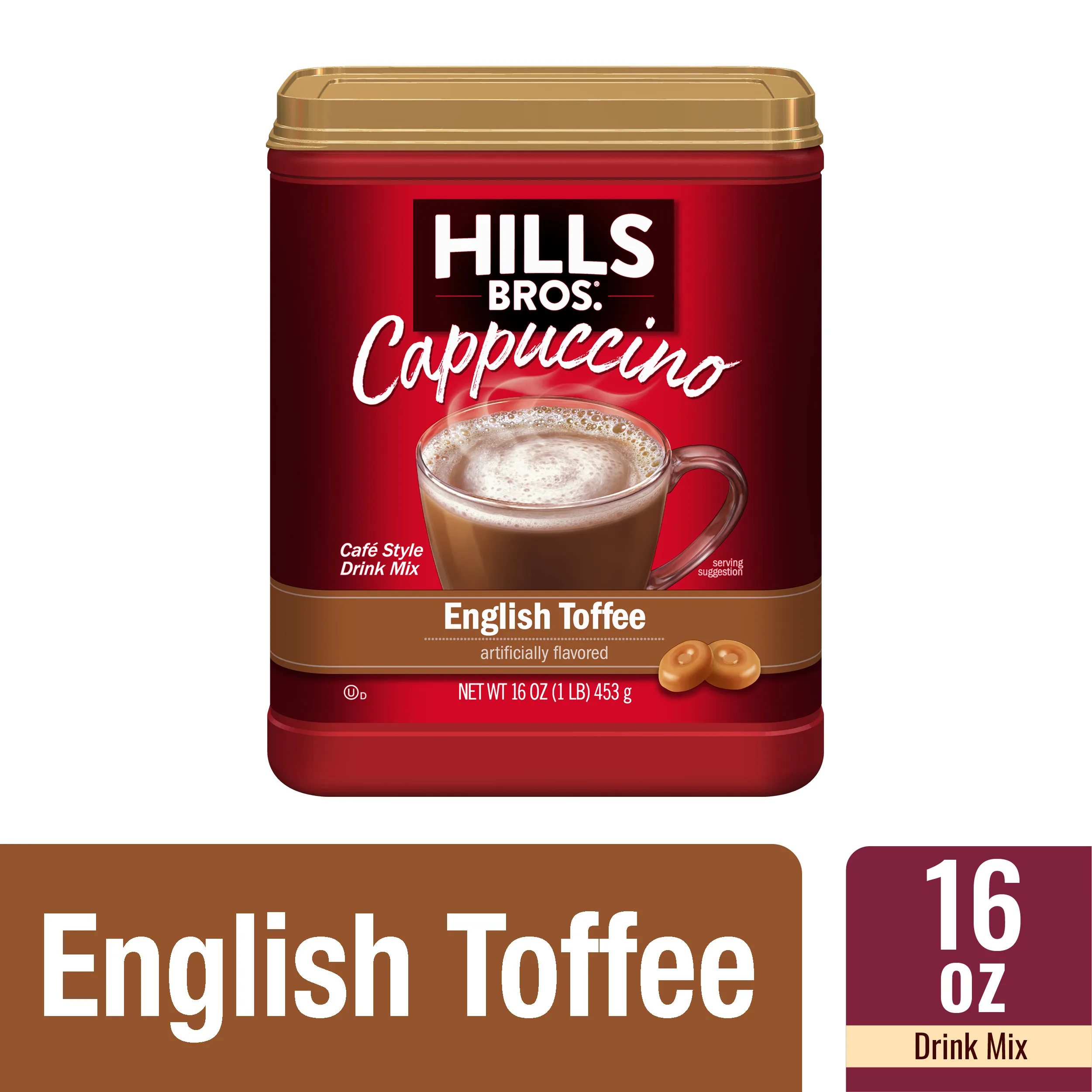 Hills Bros. English Toffee Cappuccino Instant Coffee Mix, 16 Ounce Canister