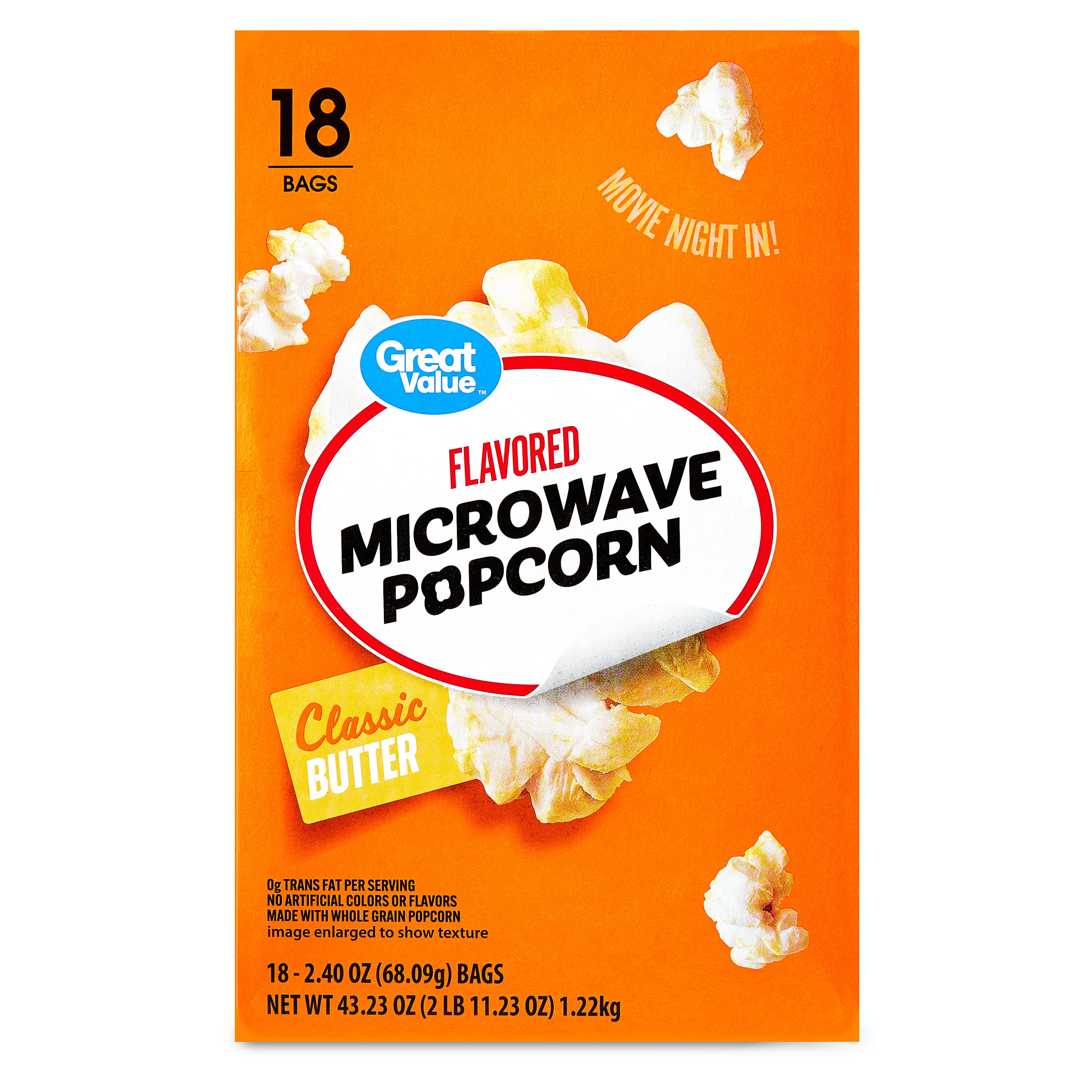 Great Value Butter Flavored Microwave Popcorn, 18 count, 2.4 oz Bags