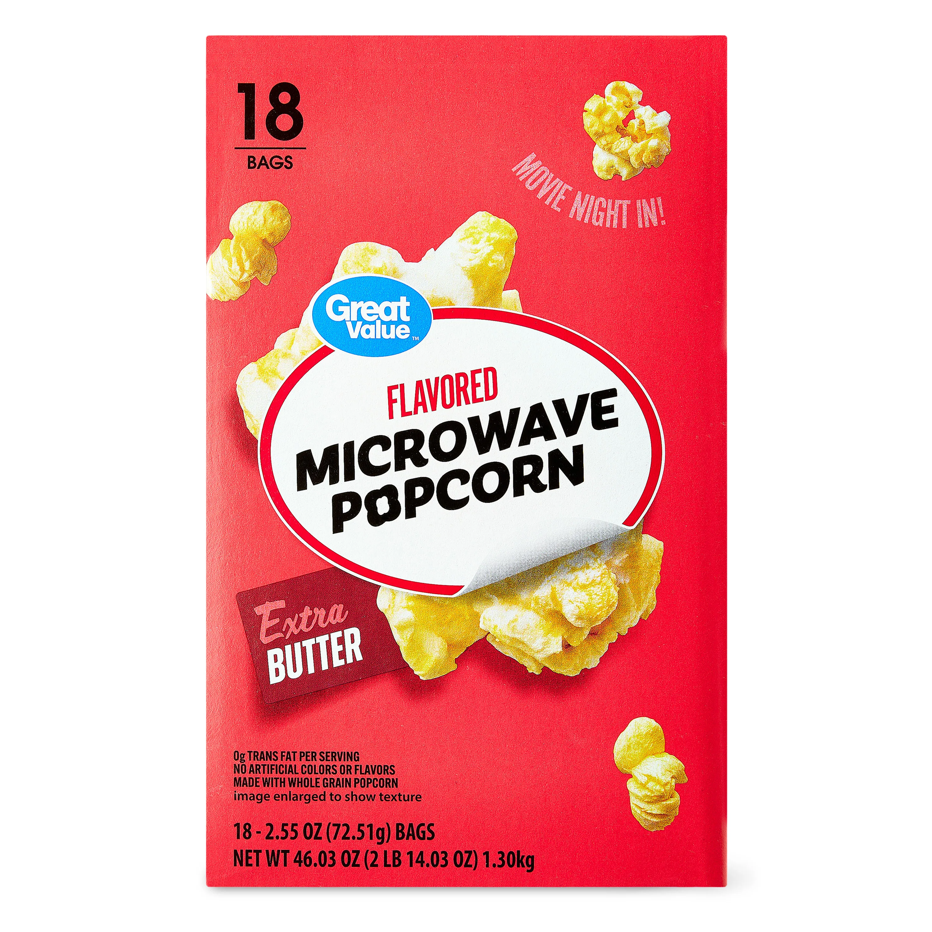 Great Value Extra Butter Flavored Microwave Popcorn, 18 count, 2.55 oz Bags