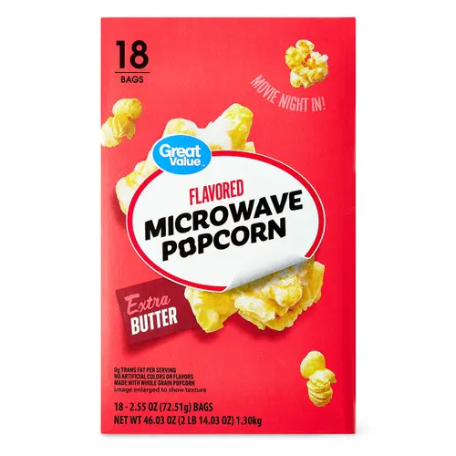 Great Value Extra Butter Flavored Microwave Popcorn, 18 count, 2.55 oz Bags