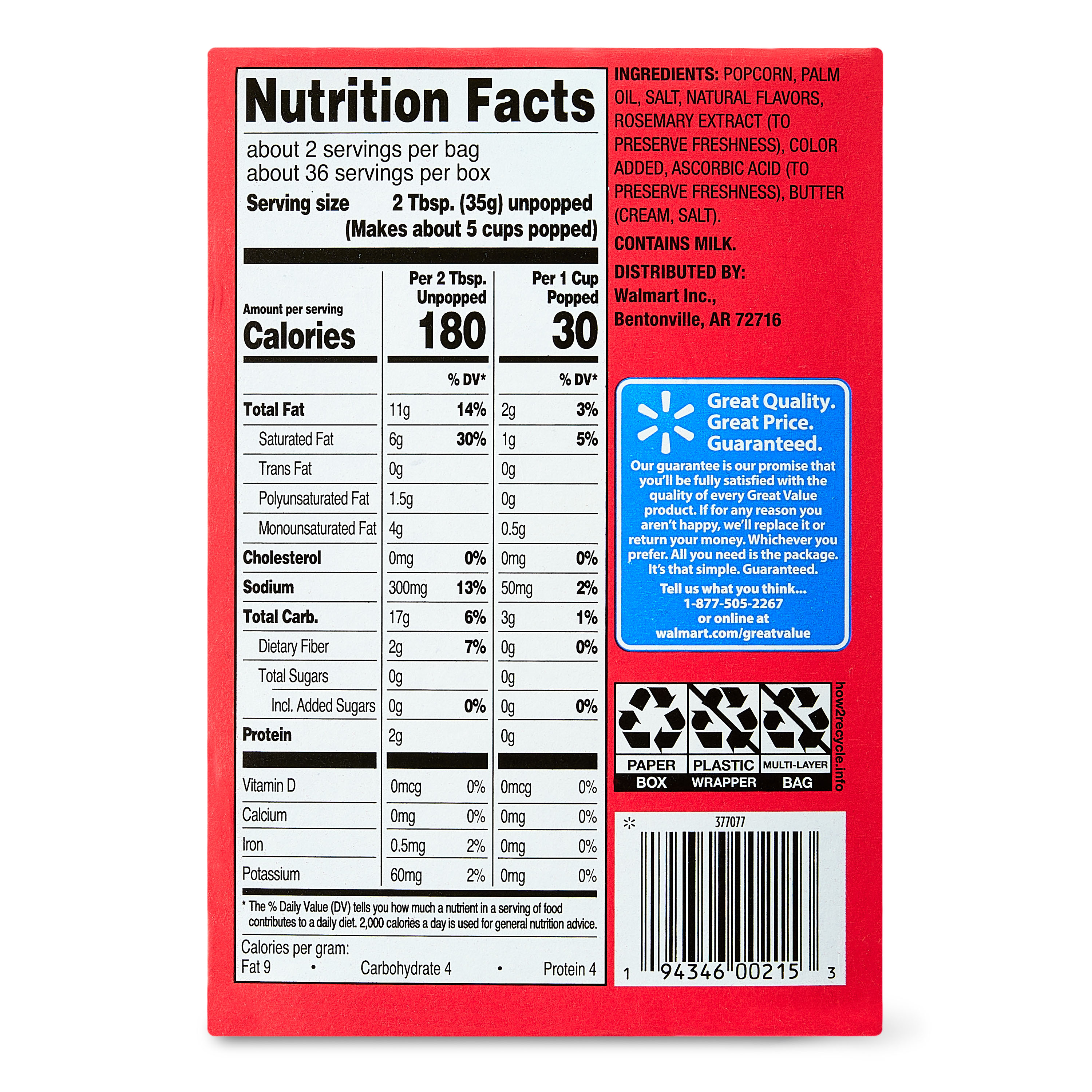 Great Value Extra Butter Flavored Microwave Popcorn, 18 count, 2.55 oz Bags thumbnail 3