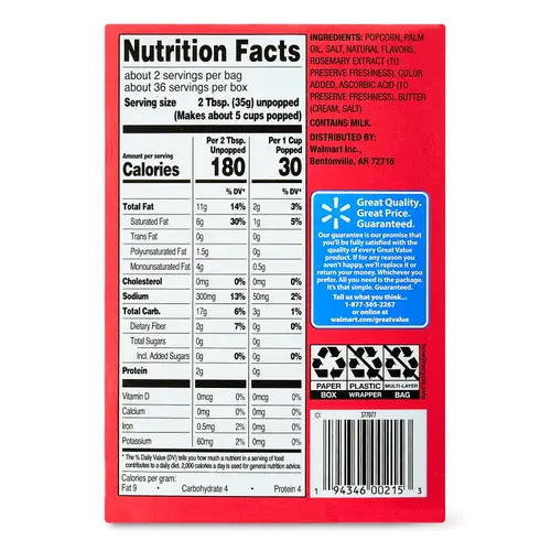 Great Value Extra Butter Flavored Microwave Popcorn, 18 count, 2.55 oz Bags thumbnail 3