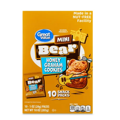 Great Value Mini Bear Honey Graham Cookies, 1 oz, 10 Snack Packs
