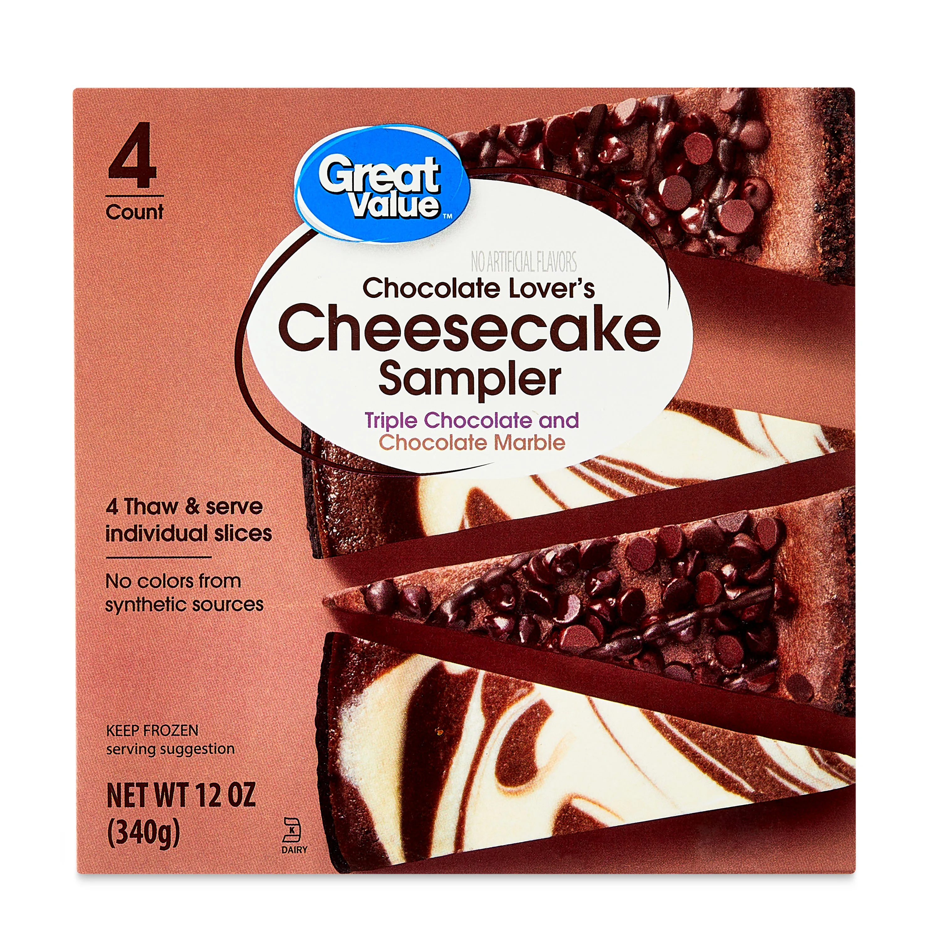 Great Value Chocolate Lovers Cheesecake Sampler, 12 oz, 4 Slices
