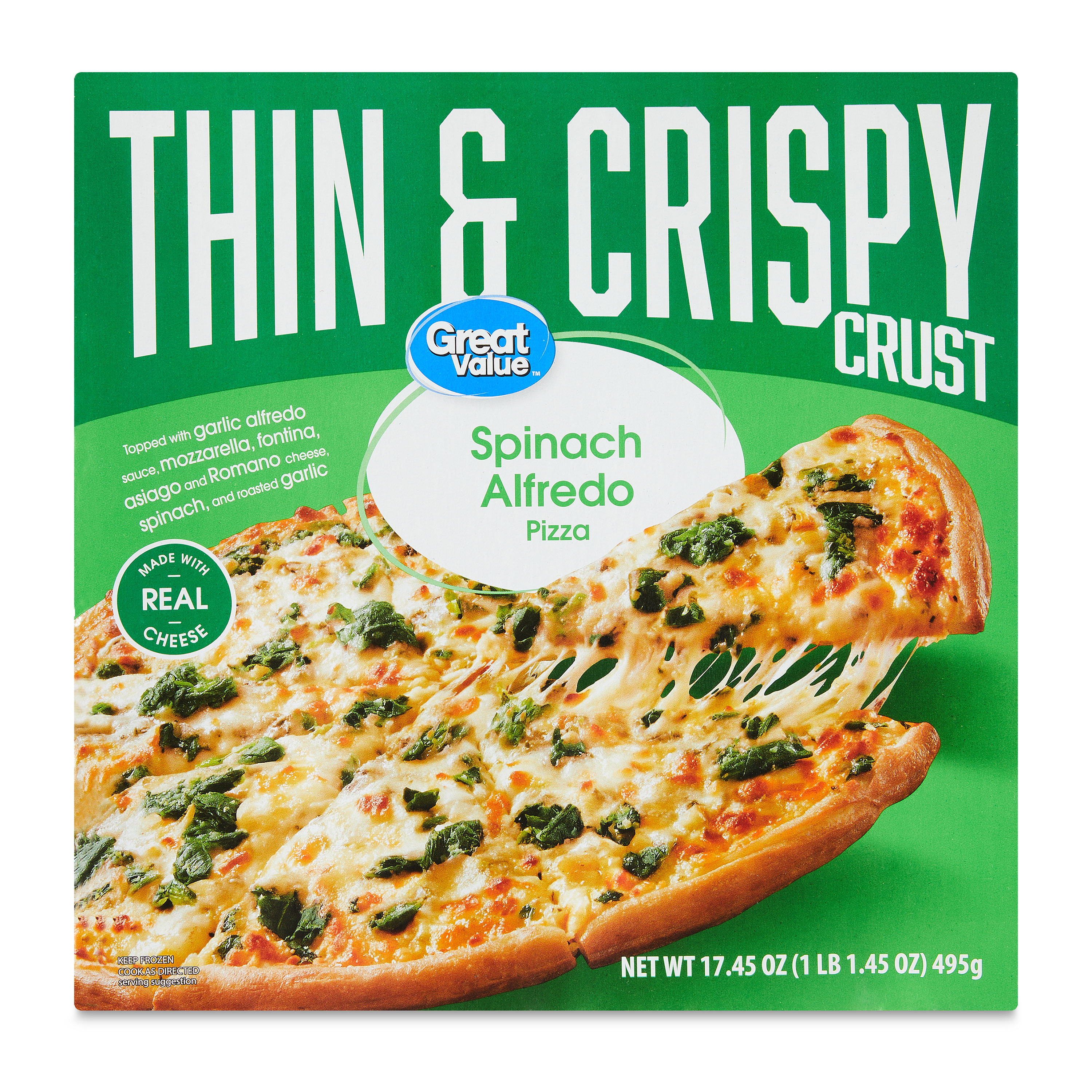 Great Value Thin and Crispy Crust Spinach Alfredo Pizza, 17.45 oz (Frozen)