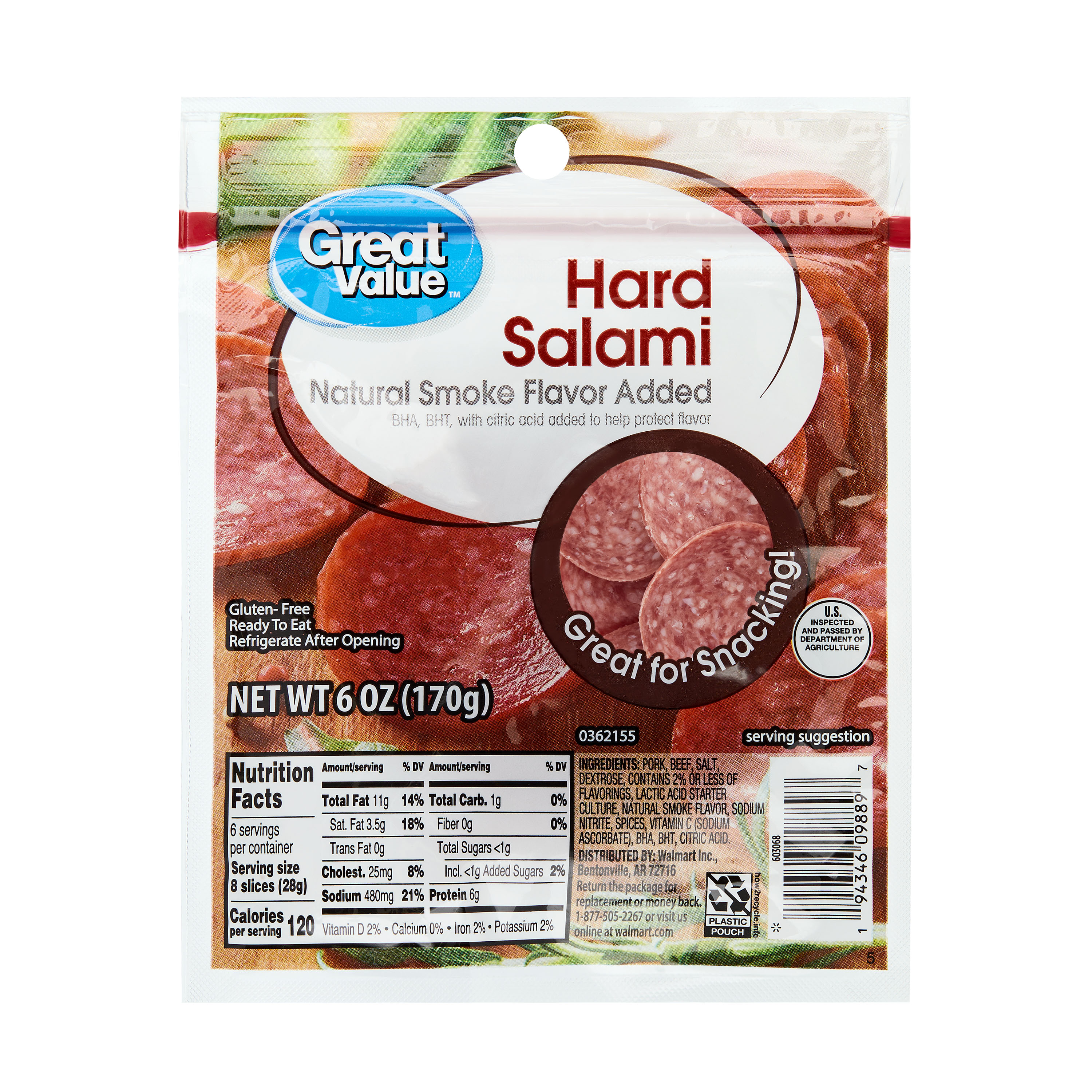 Great Value Sliced Hard Salami 6oz Ready to Eat
