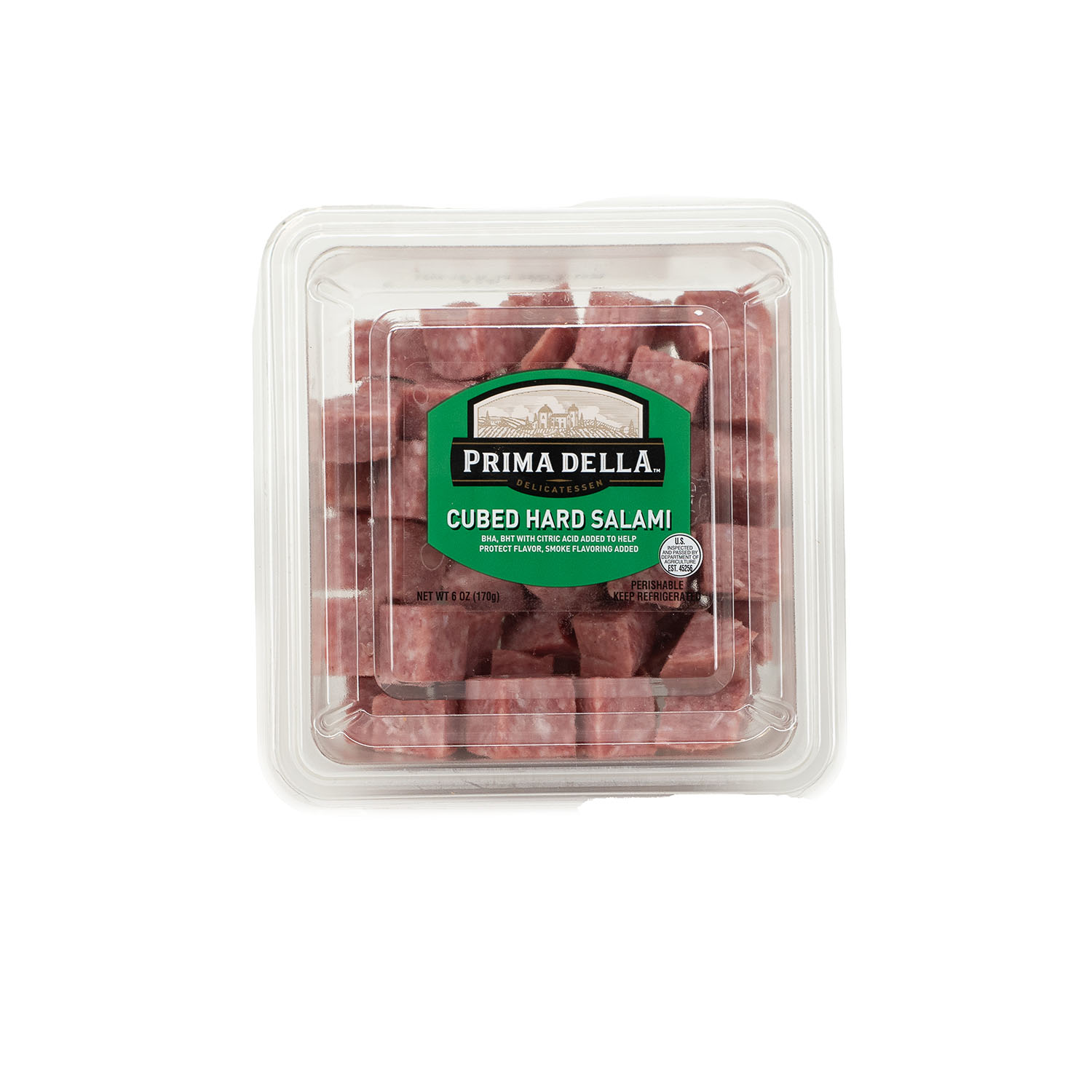 Prima Della Cubed Hard Salami, Serving Size 1oz, 6g Protein per Serving, 6oz Plastic Cup (Cubed, Refrigerated)