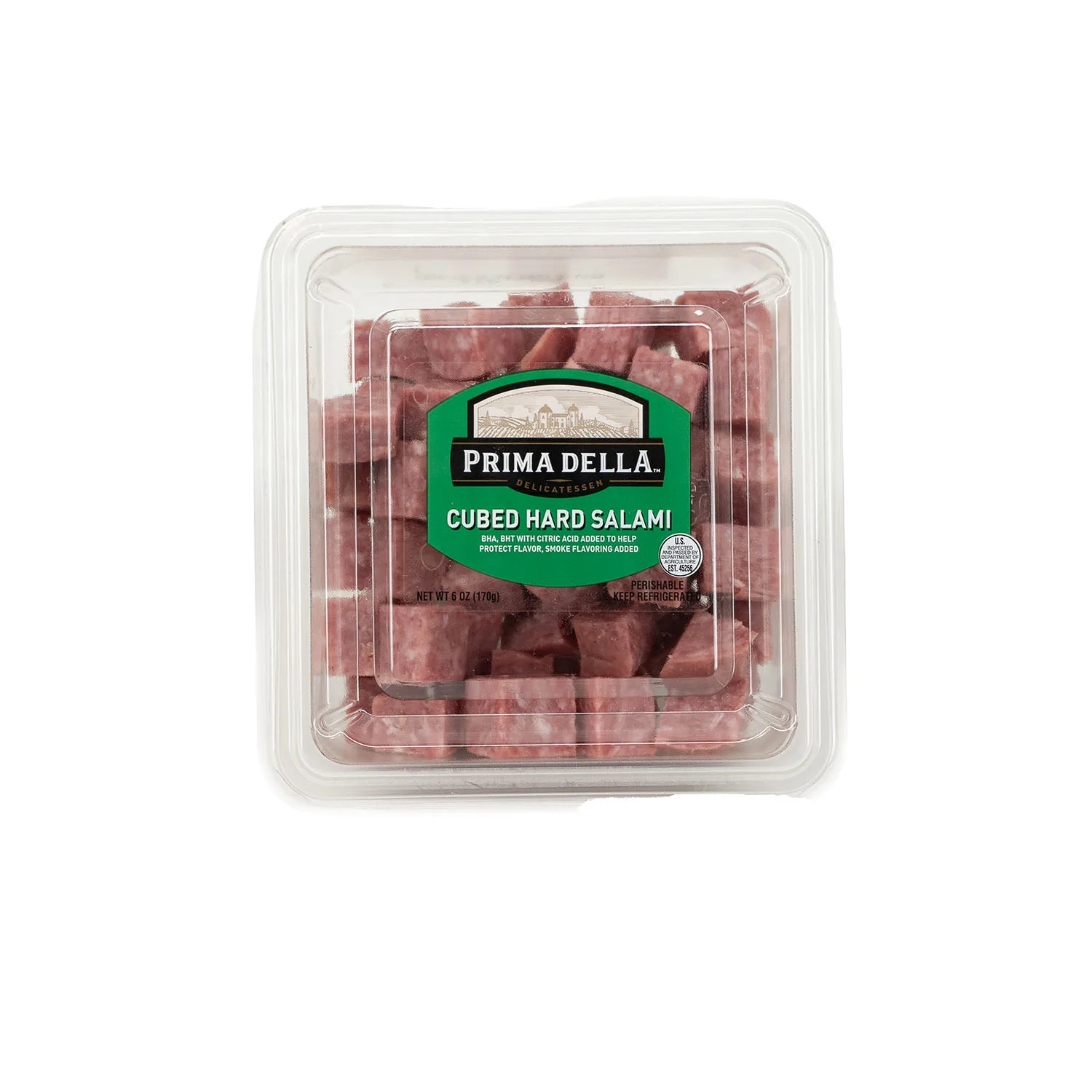 Prima Della Cubed Hard Salami, Serving Size 1oz, 6g Protein per Serving, 6oz Plastic Cup (Cubed, Refrigerated)