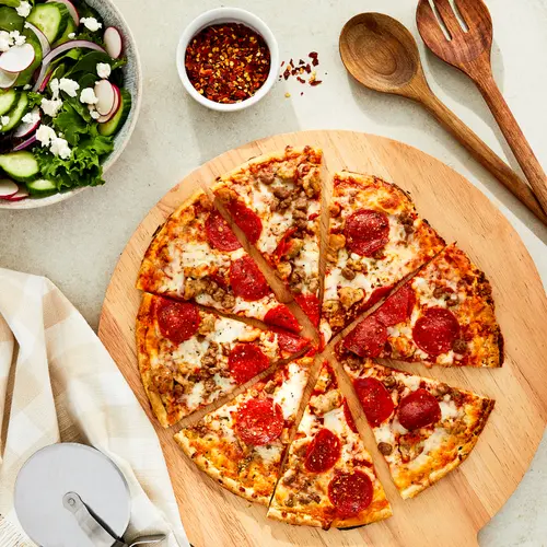 Great Value Thin Crust Three Meat Pizza, Tomato Basil Garlic Sauce, 17.8 oz (Frozen) thumbnail 2