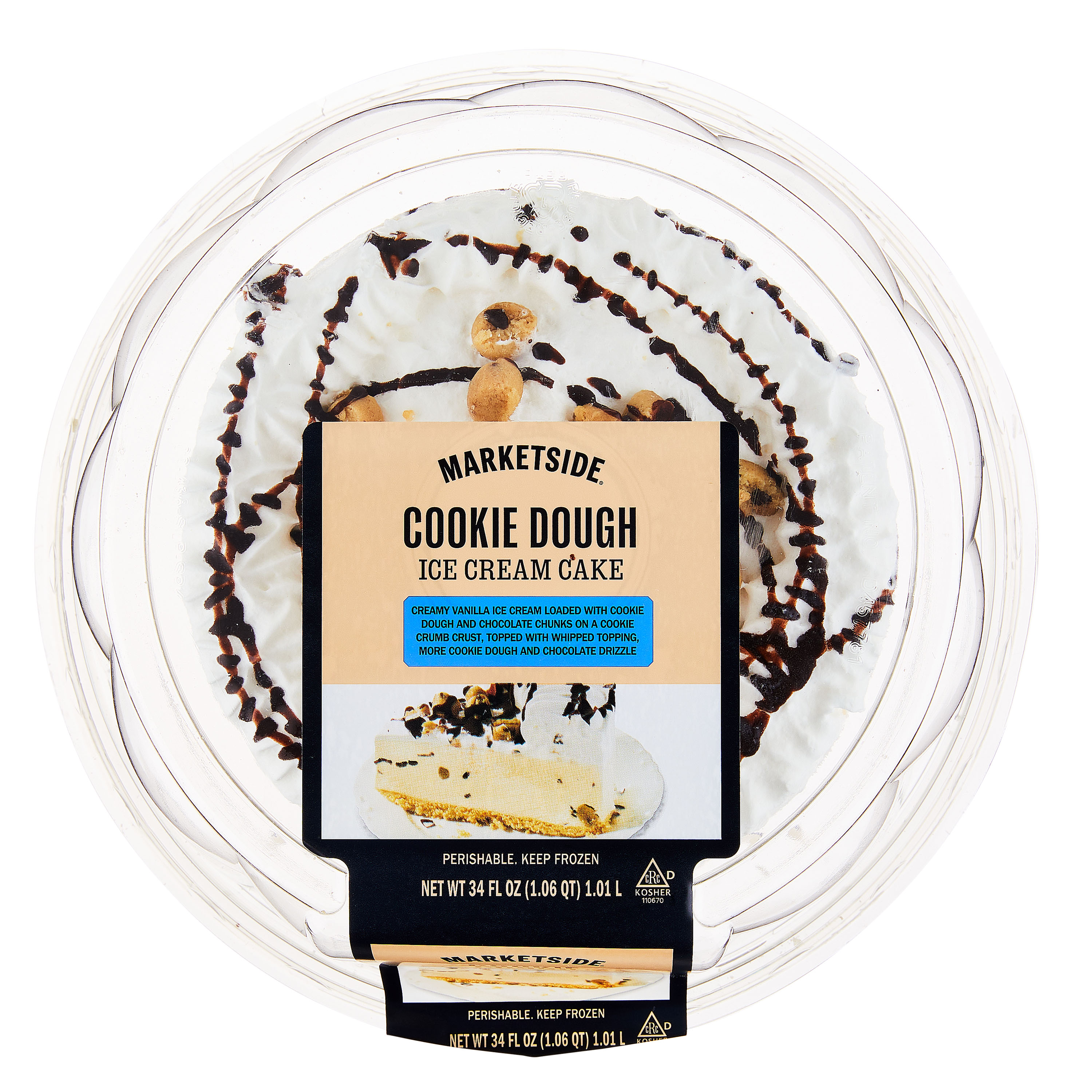 Marketside Cookie Dough Ice Cream Cake, Vanilla Ice Cream with Cookie Dough Pieces and Chocolate Chunks, Whipped Icing, 34 fl oz